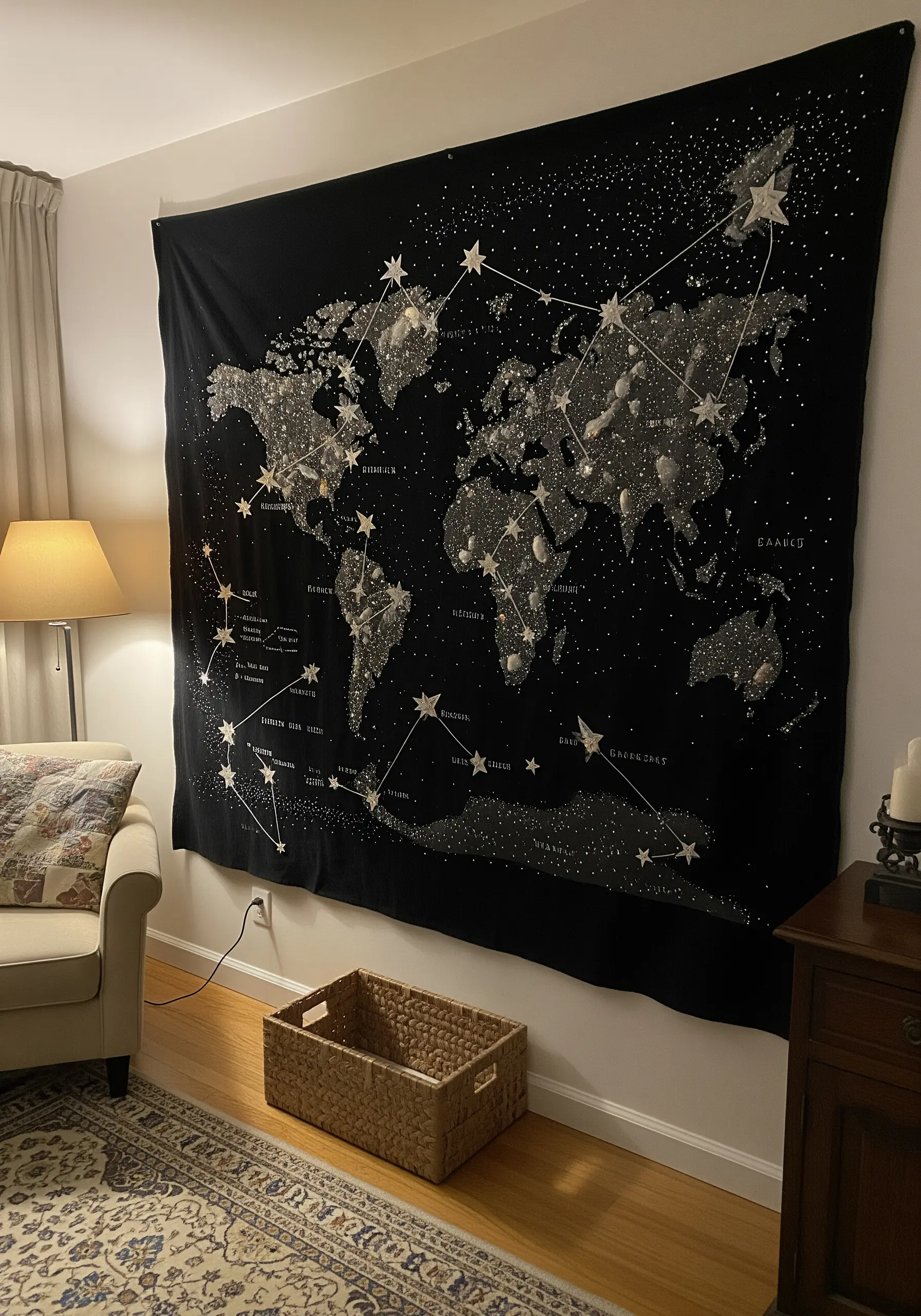 A black wall tapestry of a world map, embellished with stitched constellations and appliquéd stars.