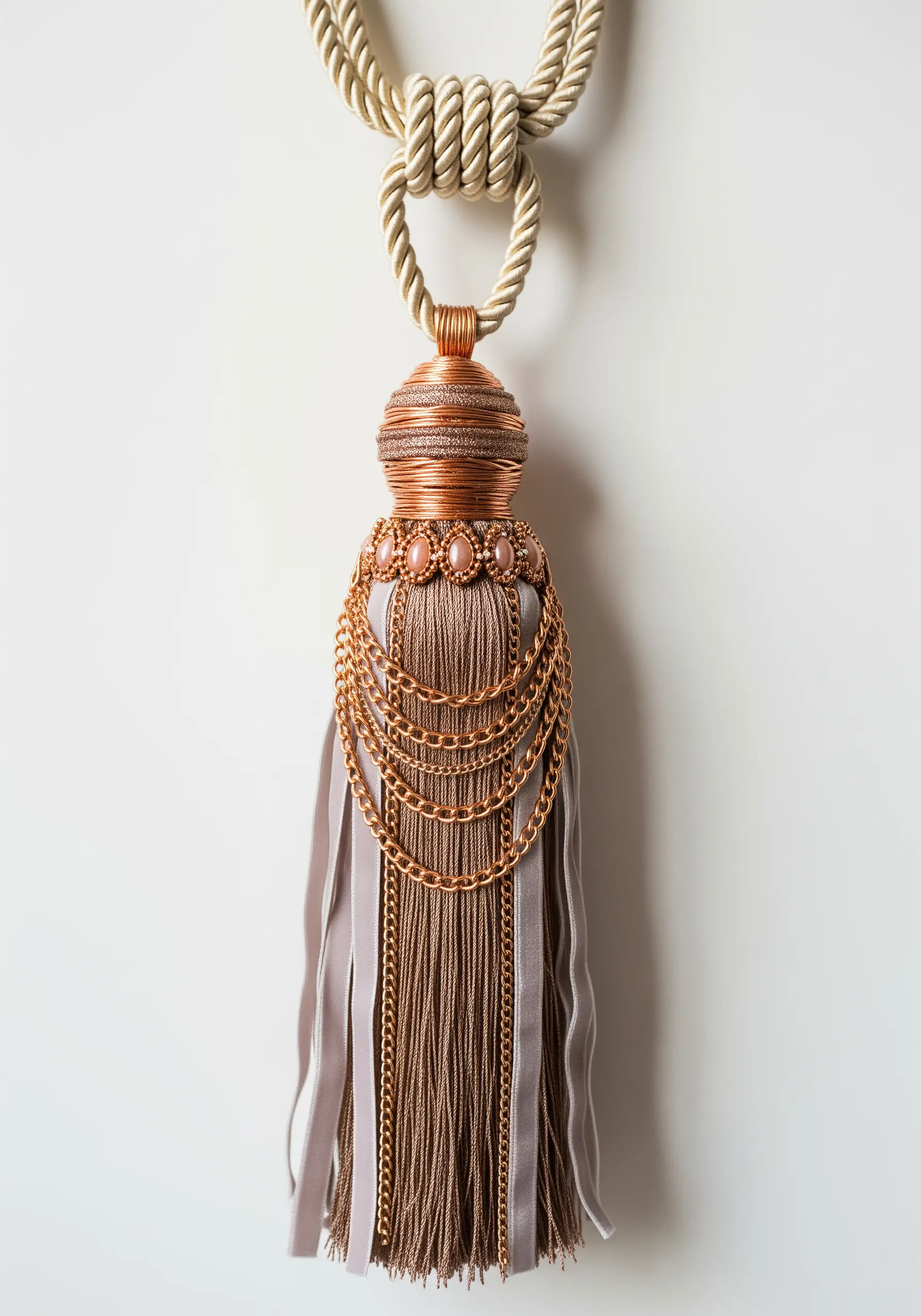 A luxurious tassel with a copper-wrapped head, embellished with beads and draped gold chains.