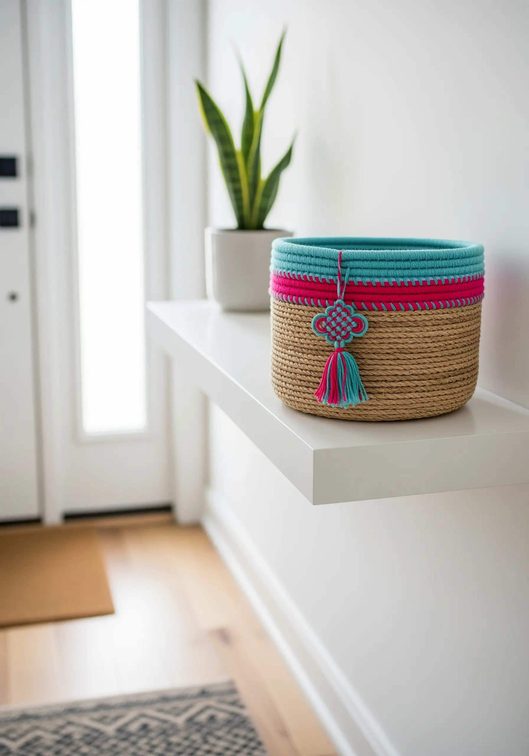 A woven basket with a colorful rim of turquoise and pink yarn stitched around the top.