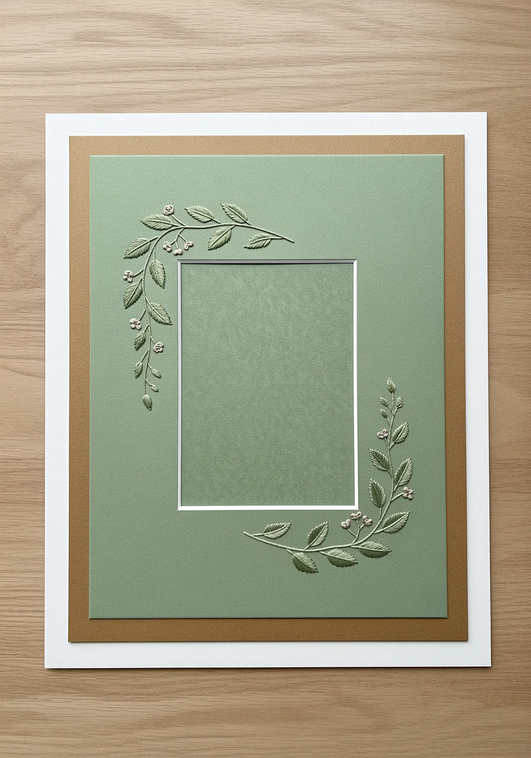 A sage green embossed photo mat with delicate white French knots and leaf stitches accenting the design.