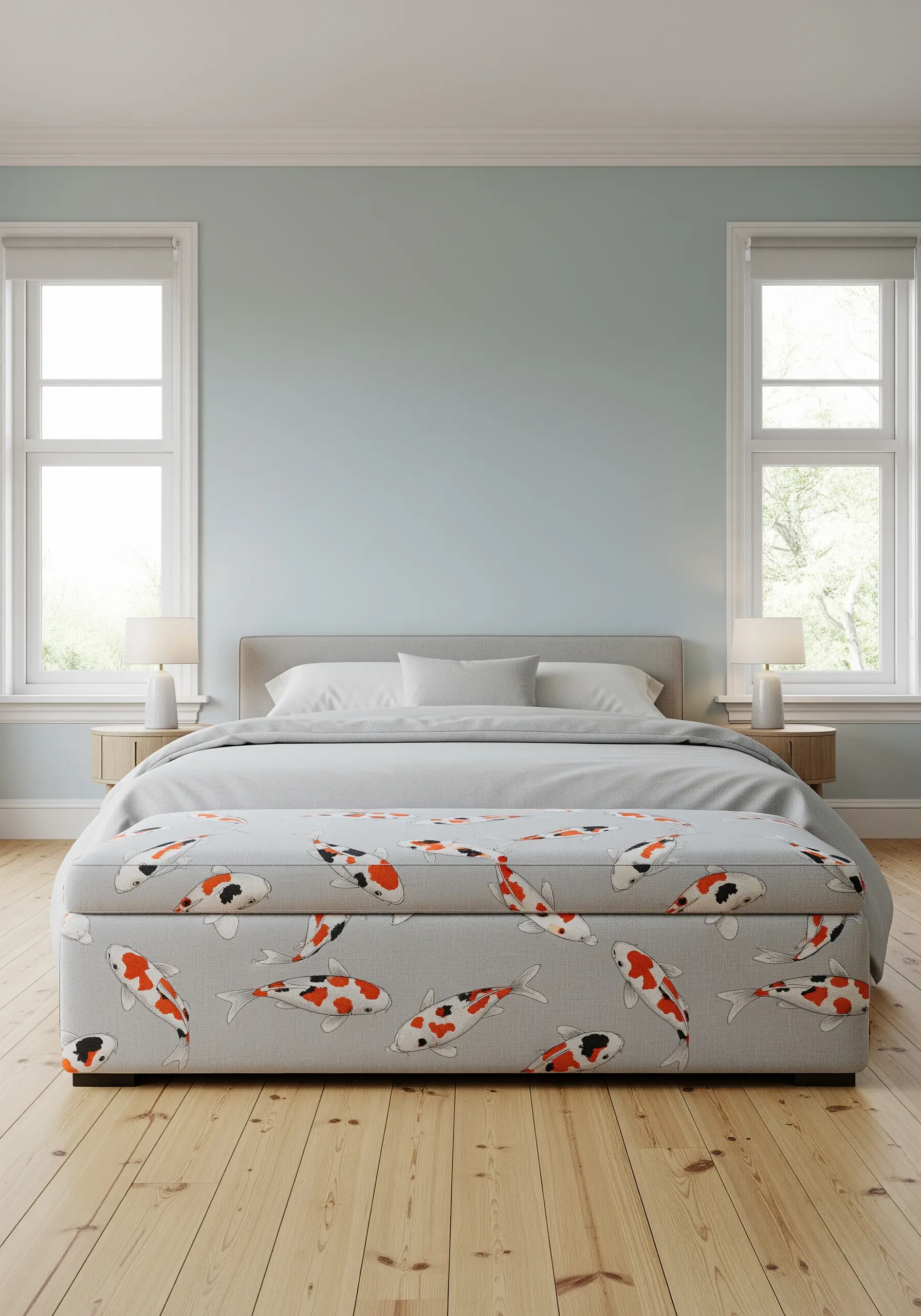 A light gray storage bench at the foot of a bed, embroidered with a pattern of orange and white koi fish.