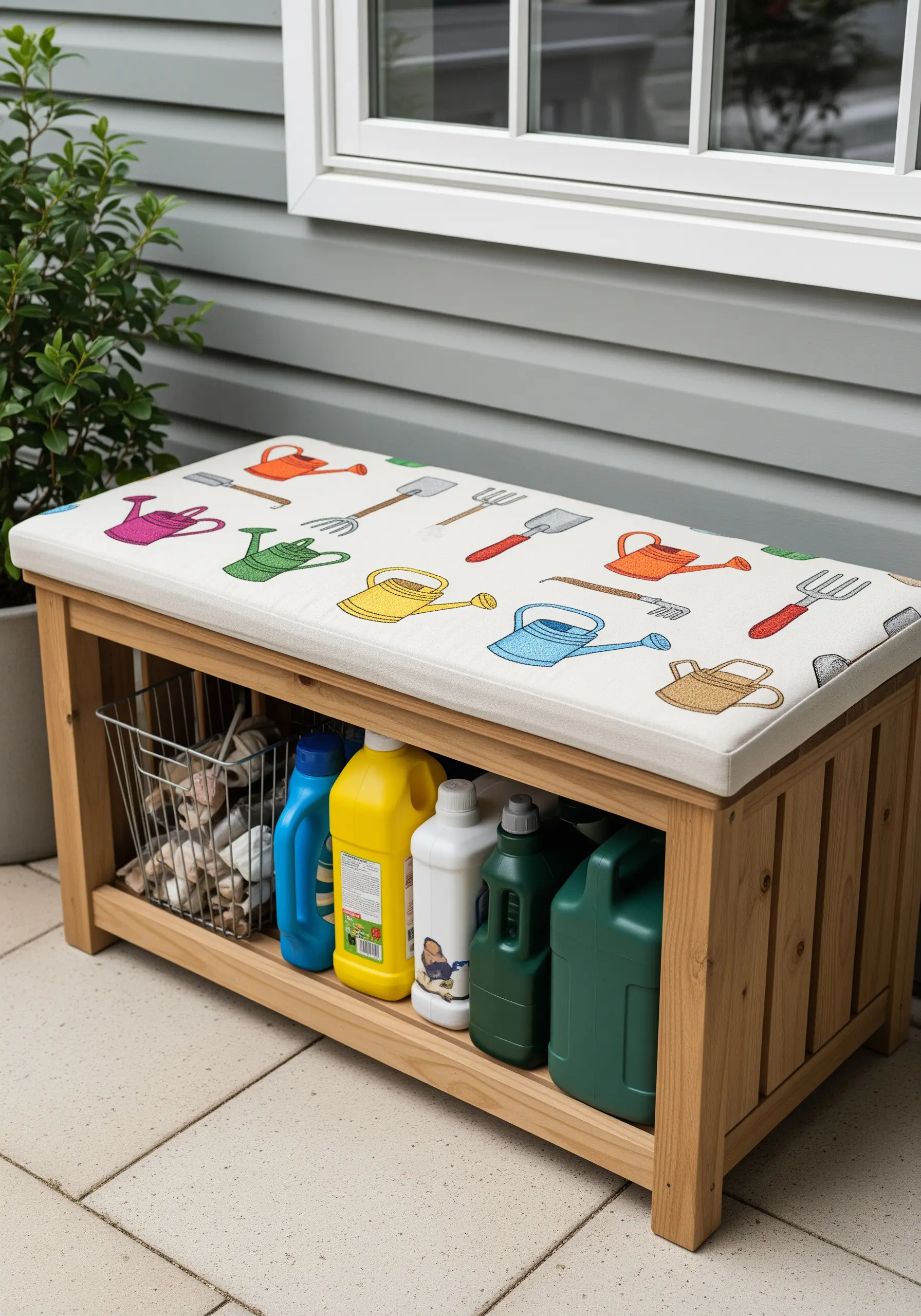 An outdoor storage bench with a cushion embroidered with colorful garden tool motifs.
