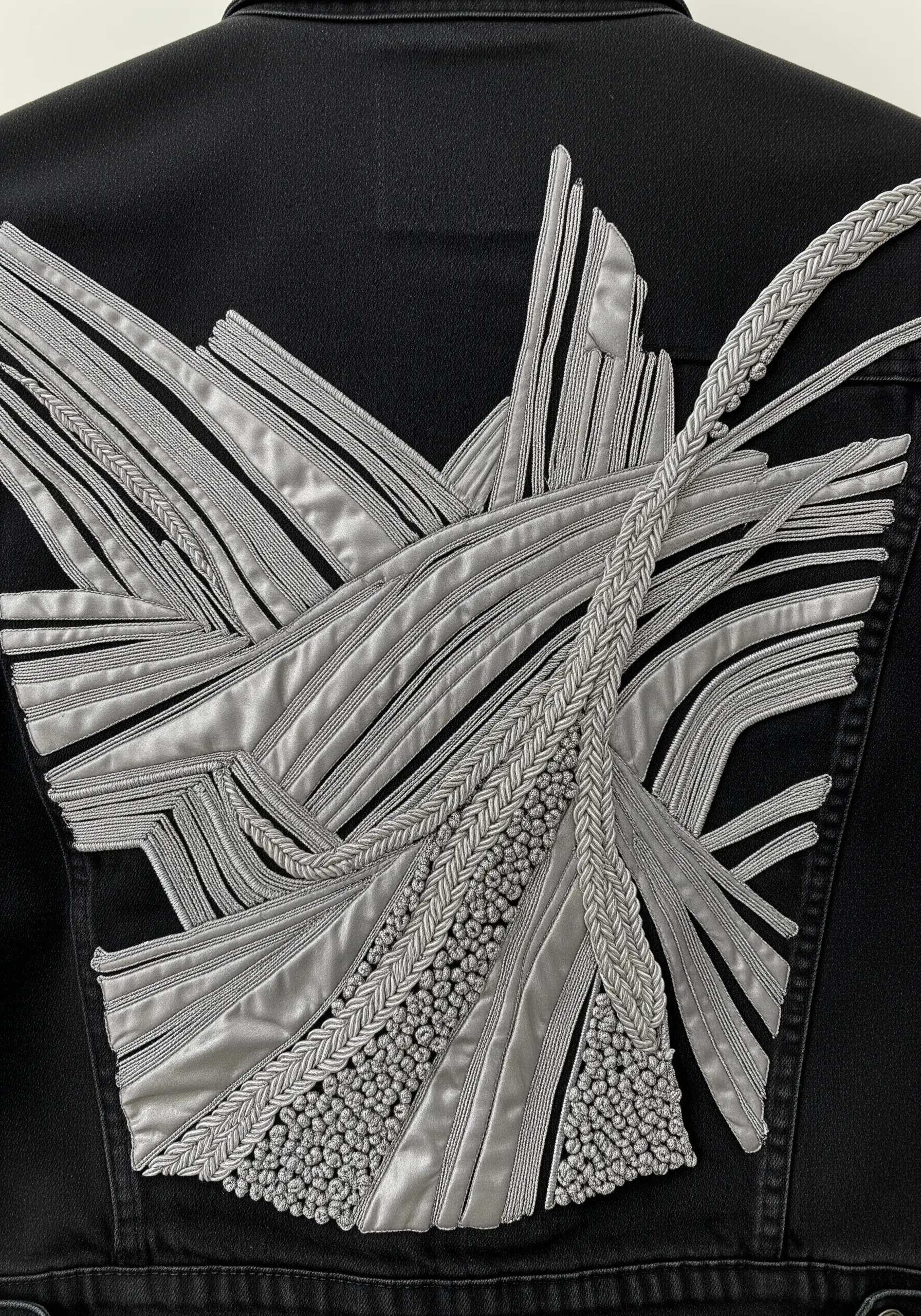 Abstract silver embroidery on a black denim jacket, using appliqué, couching, and seed stitch.