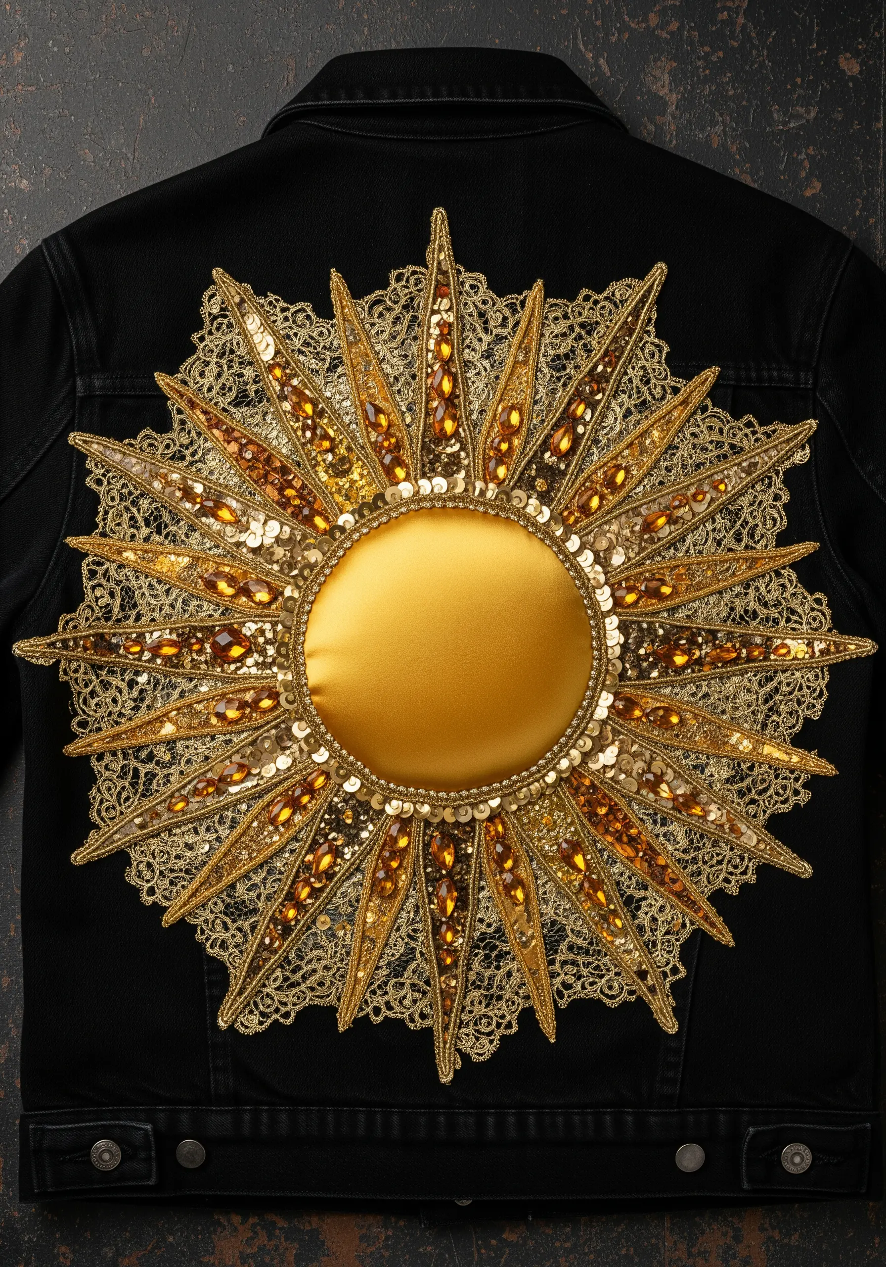 A large, radiant sun embroidered with lace, beads, and sequins on the back of a black denim jacket.