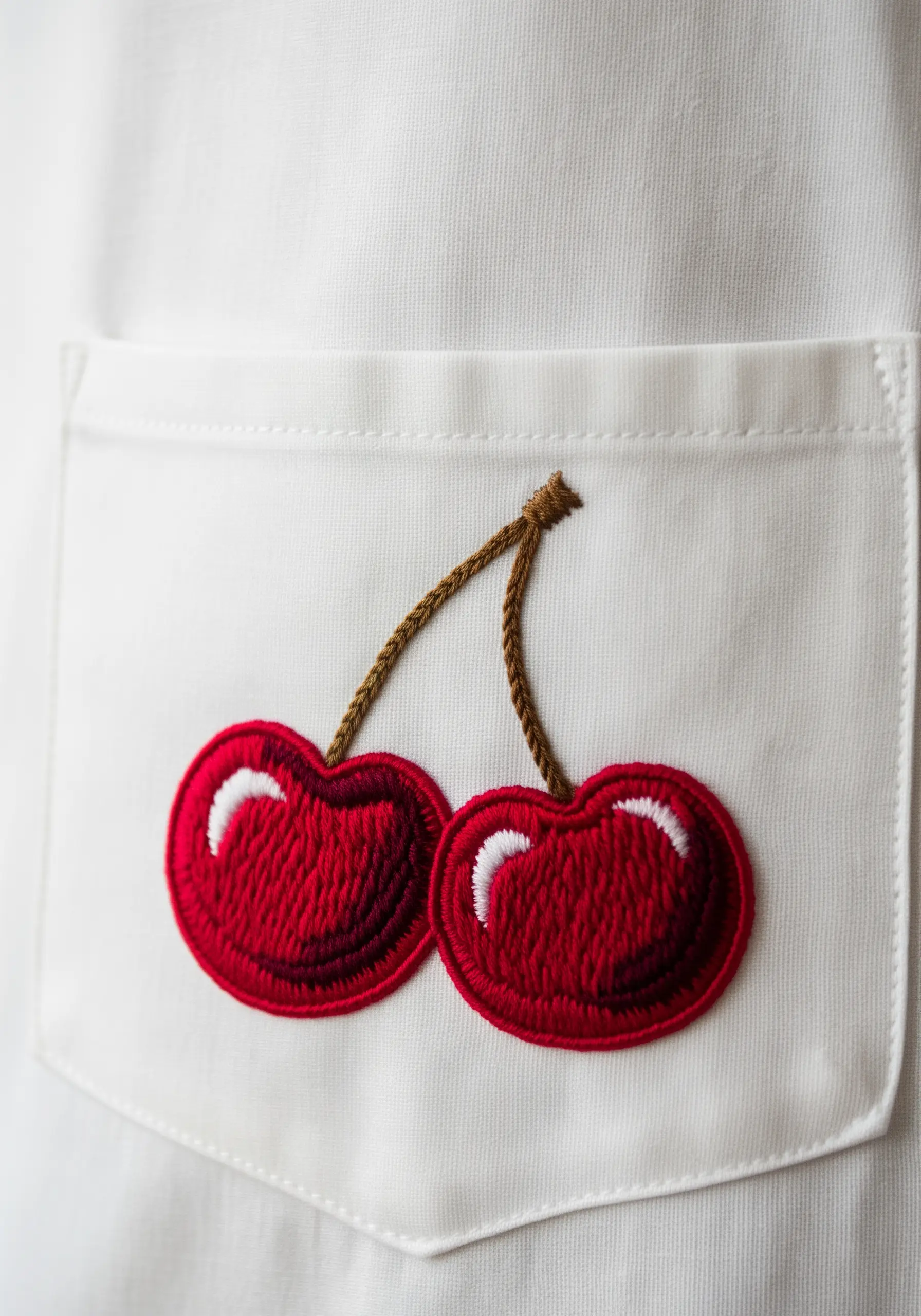 Vibrant red embroidered cherries with a white highlight on a pocket.