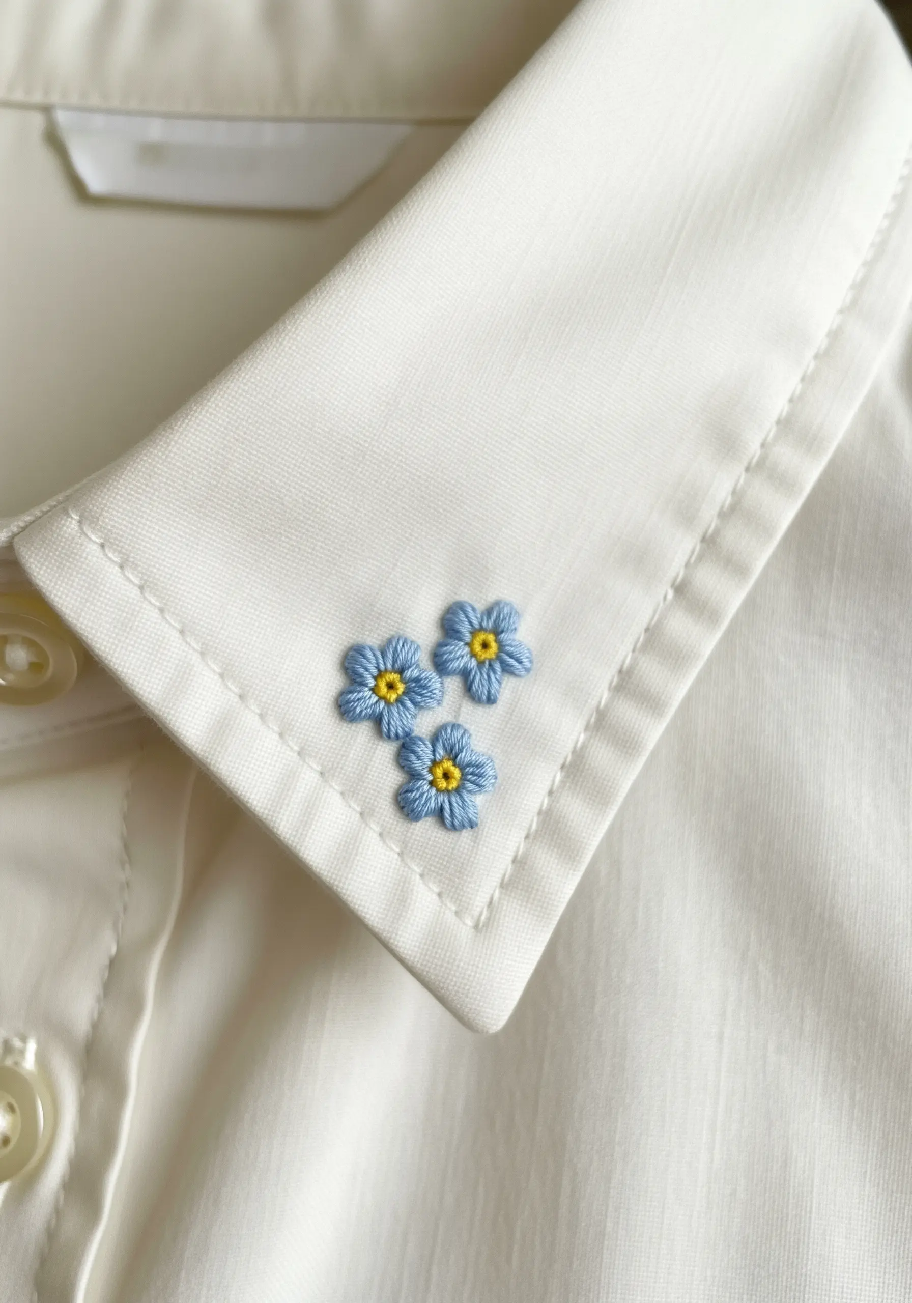 Three small, light blue forget-me-not flowers embroidered on the collar of a white shirt.