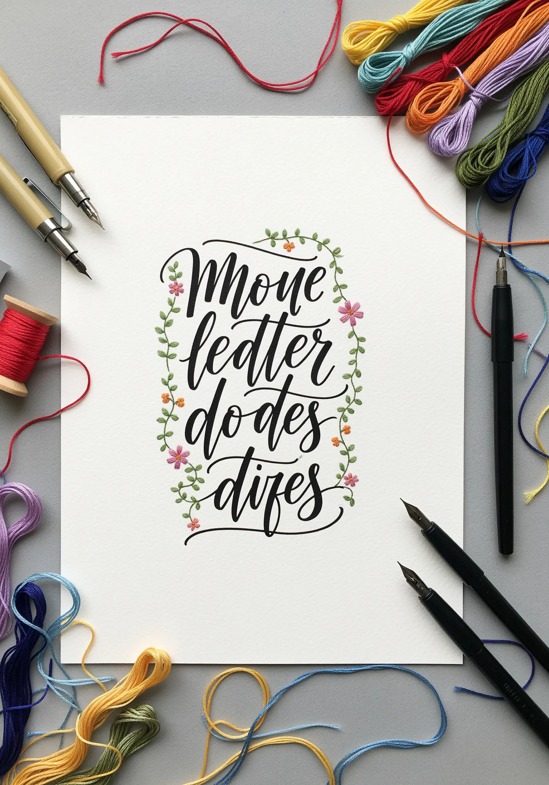 A hand-lettered calligraphy quote on white paper, embellished with tiny embroidered flowers and vines.