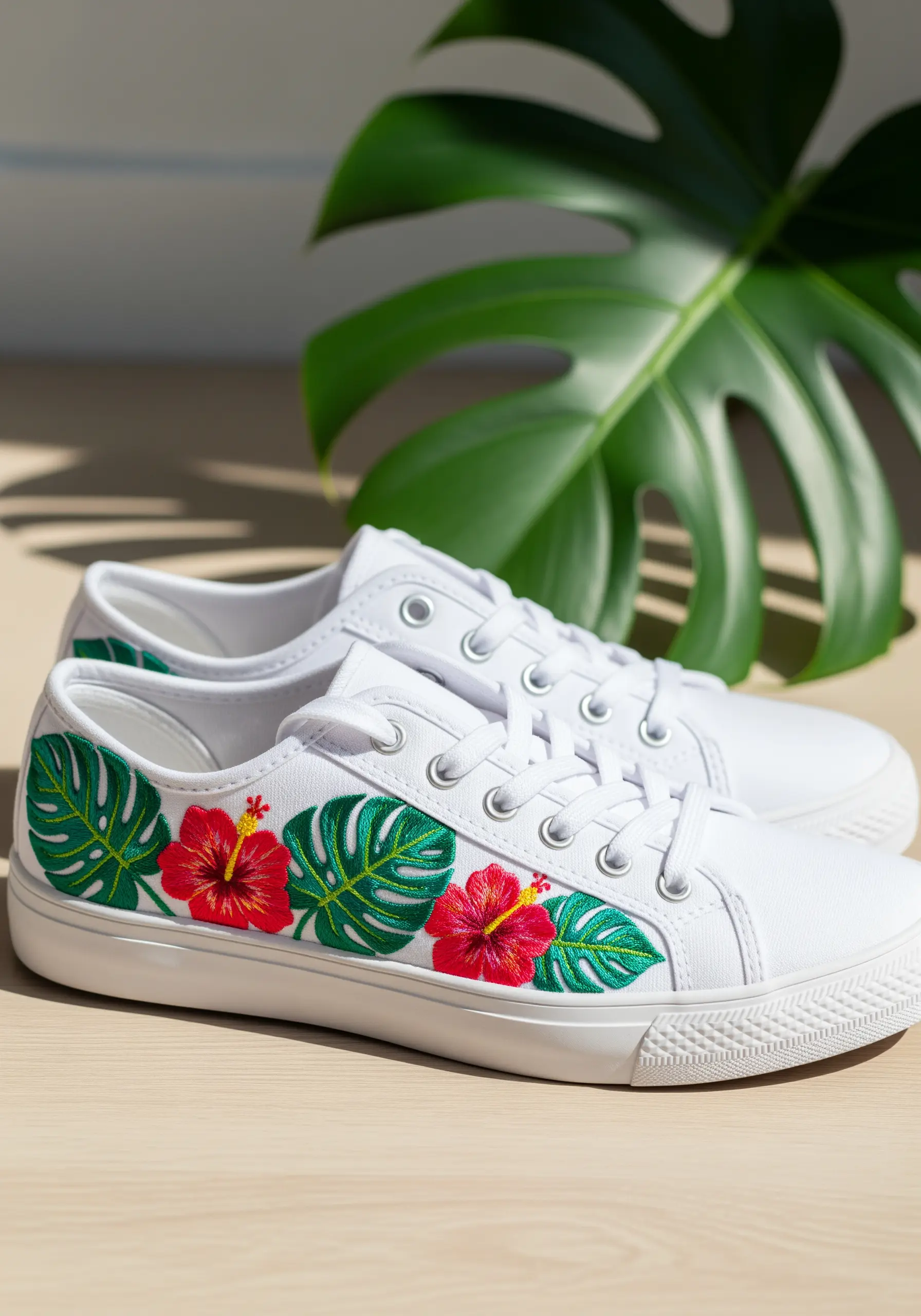 White canvas sneakers with vibrant embroidered hibiscus flowers and monstera leaves along the sides.
