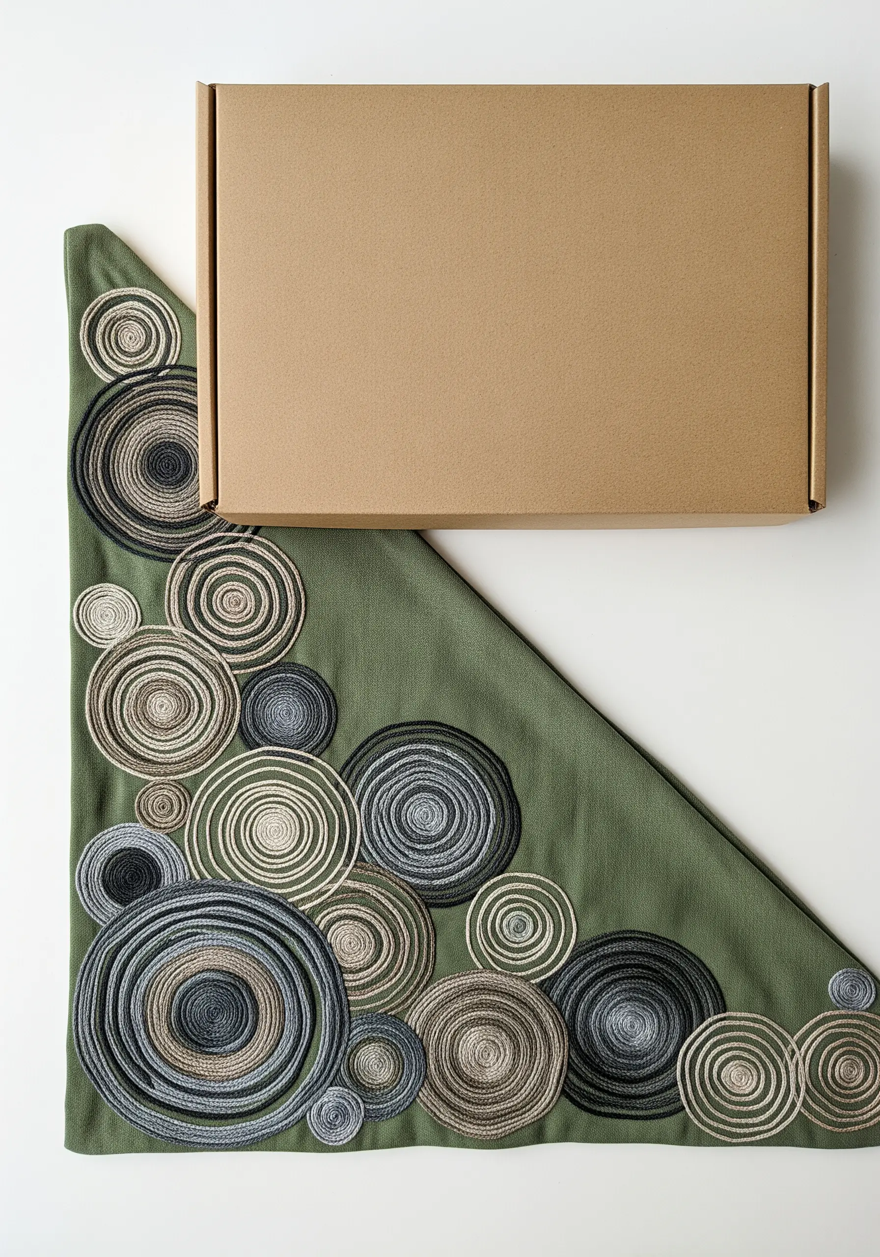 A green fabric corner embellished with concentric circles of couched gray and black thread.