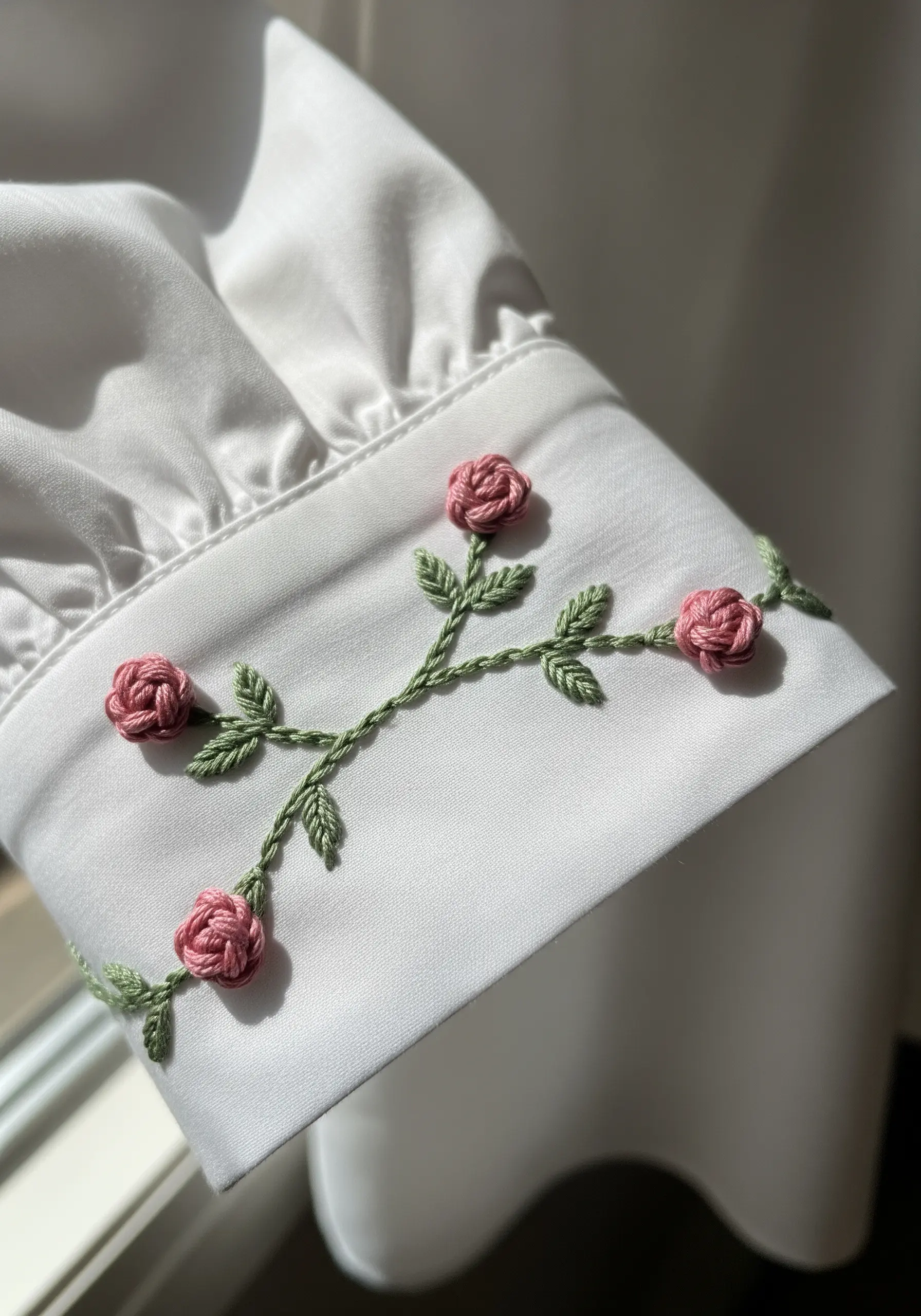 Delicate pink woven wheel roses and green leaf stitches embroidered on a white shirt cuff.
