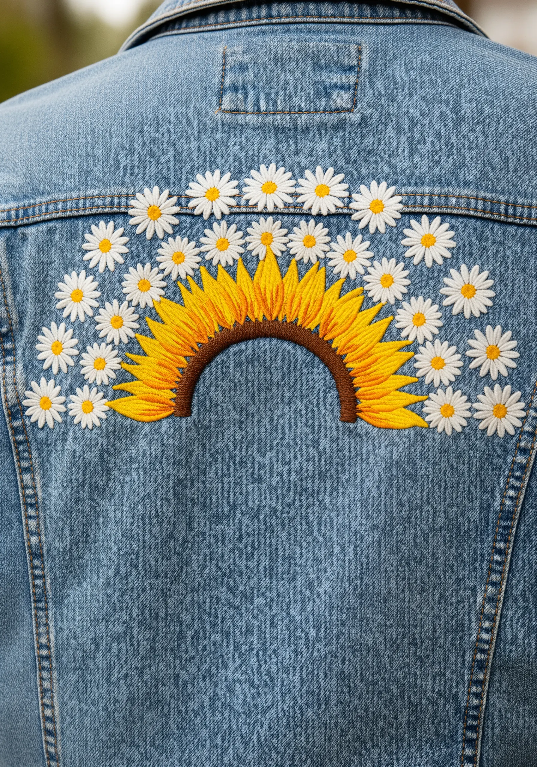 A large sunflower and daisy arc embroidered on the back of a blue denim jacket.