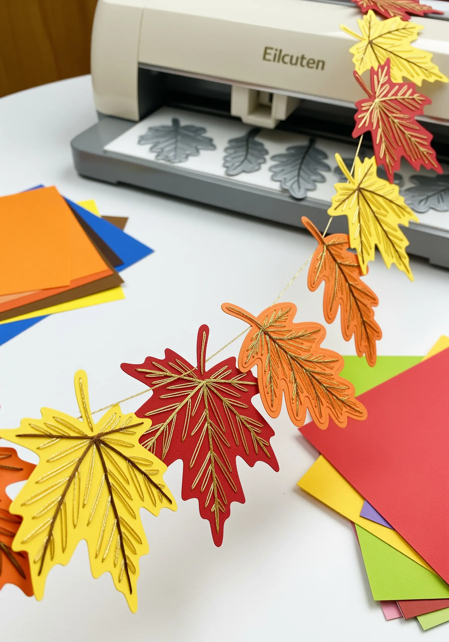 A garland of paper autumn leaves in red, orange, and yellow, each detailed with gold embroidery.