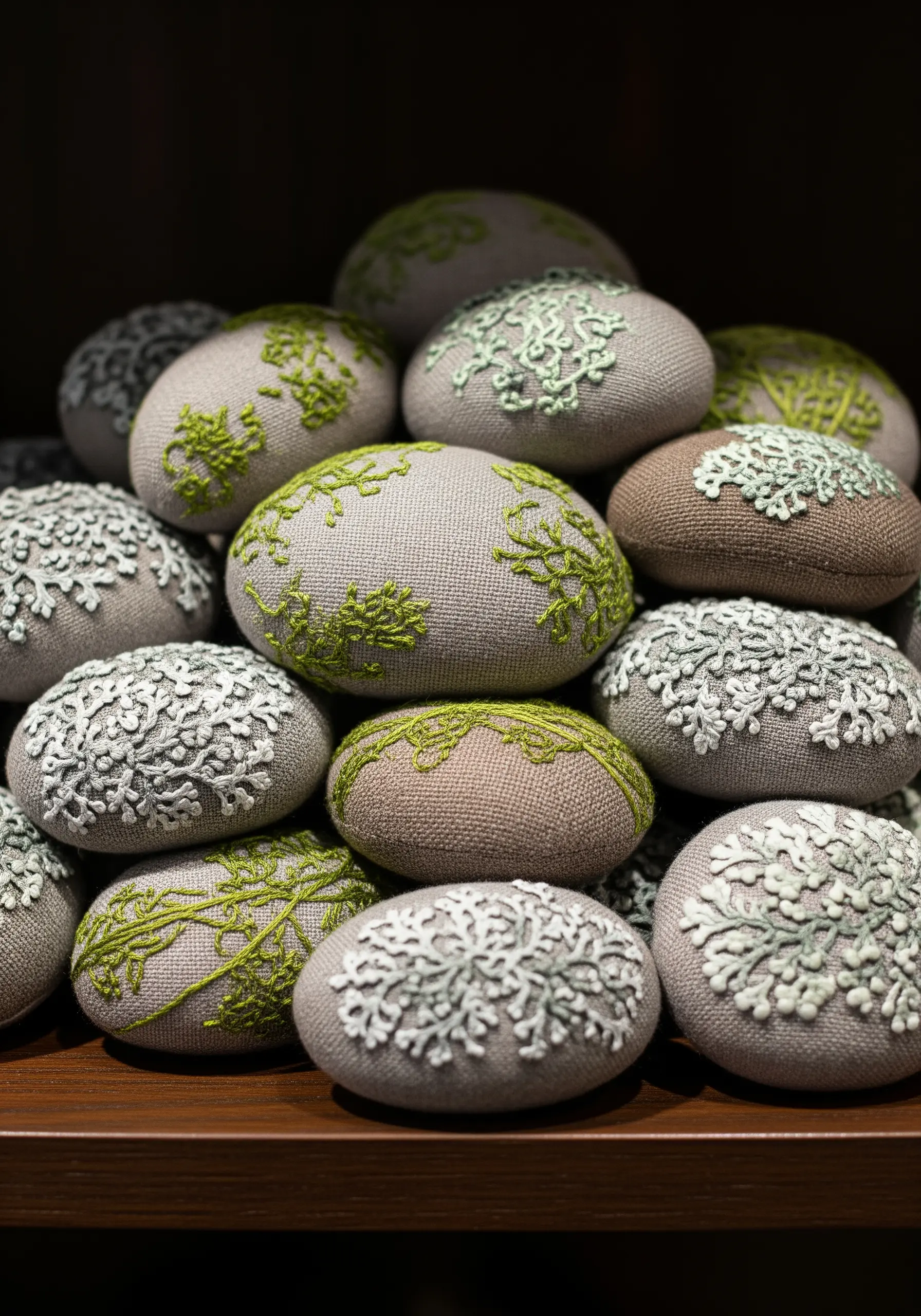 A collection of small, rounded fabric objects embroidered with green and white lichen patterns.