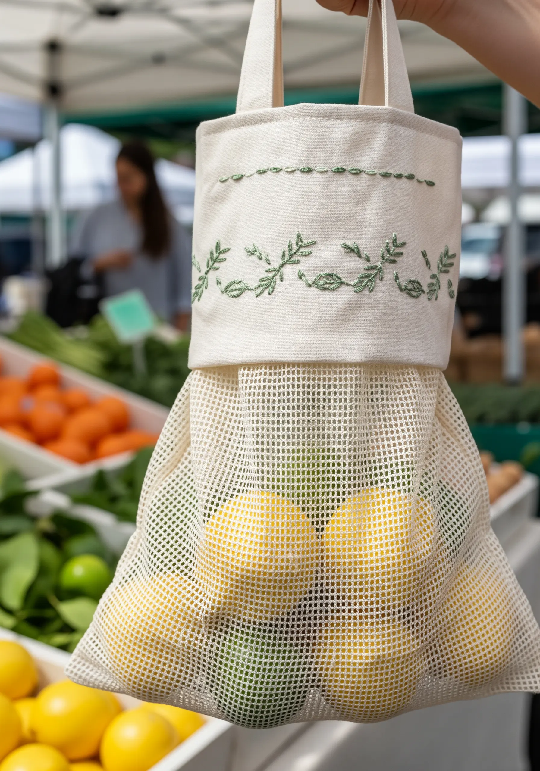 A reusable mesh produce bag with delicate green leaf embroidery on its solid cuff