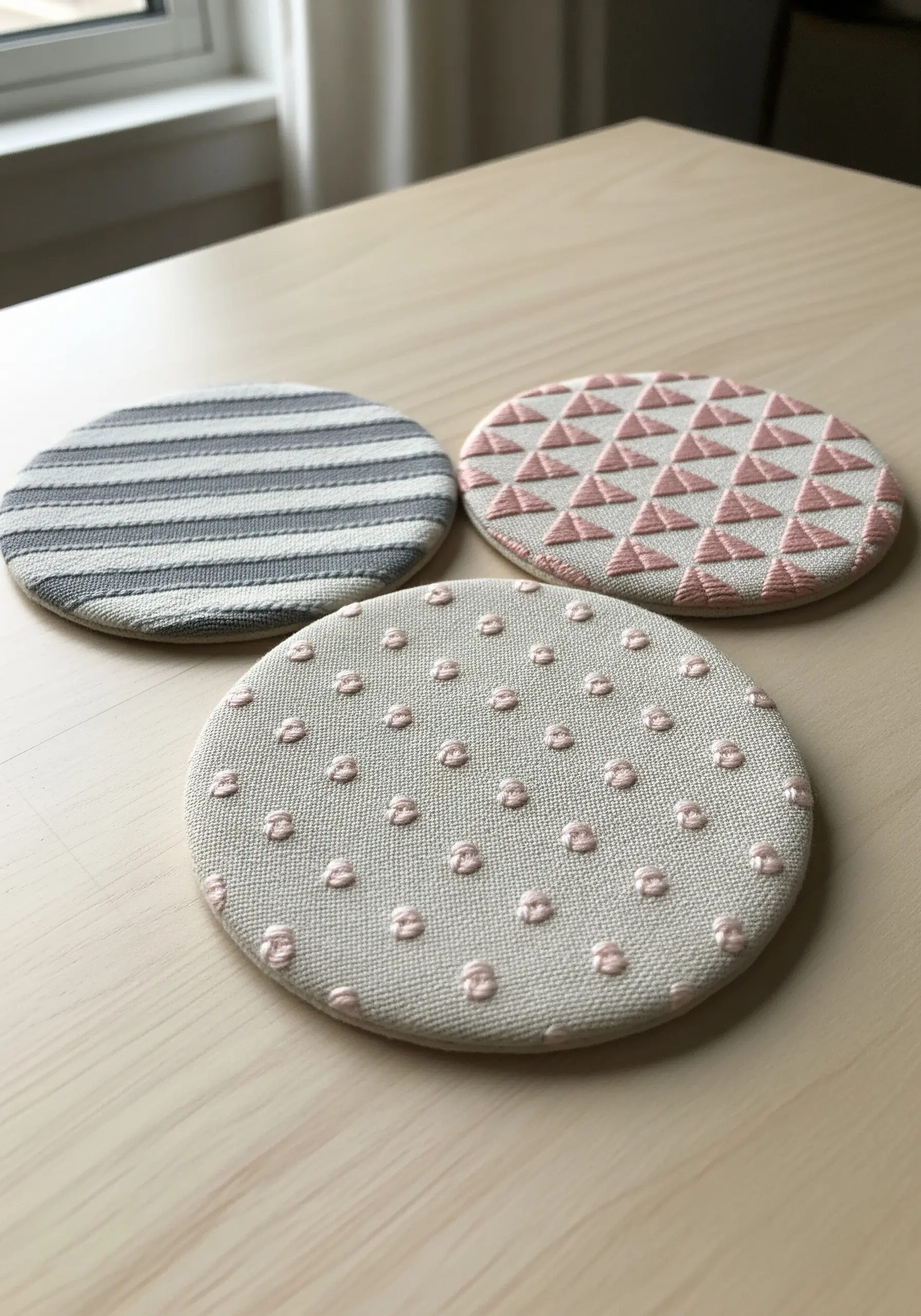 Three embroidered coasters with simple geometric and polka dot patterns.