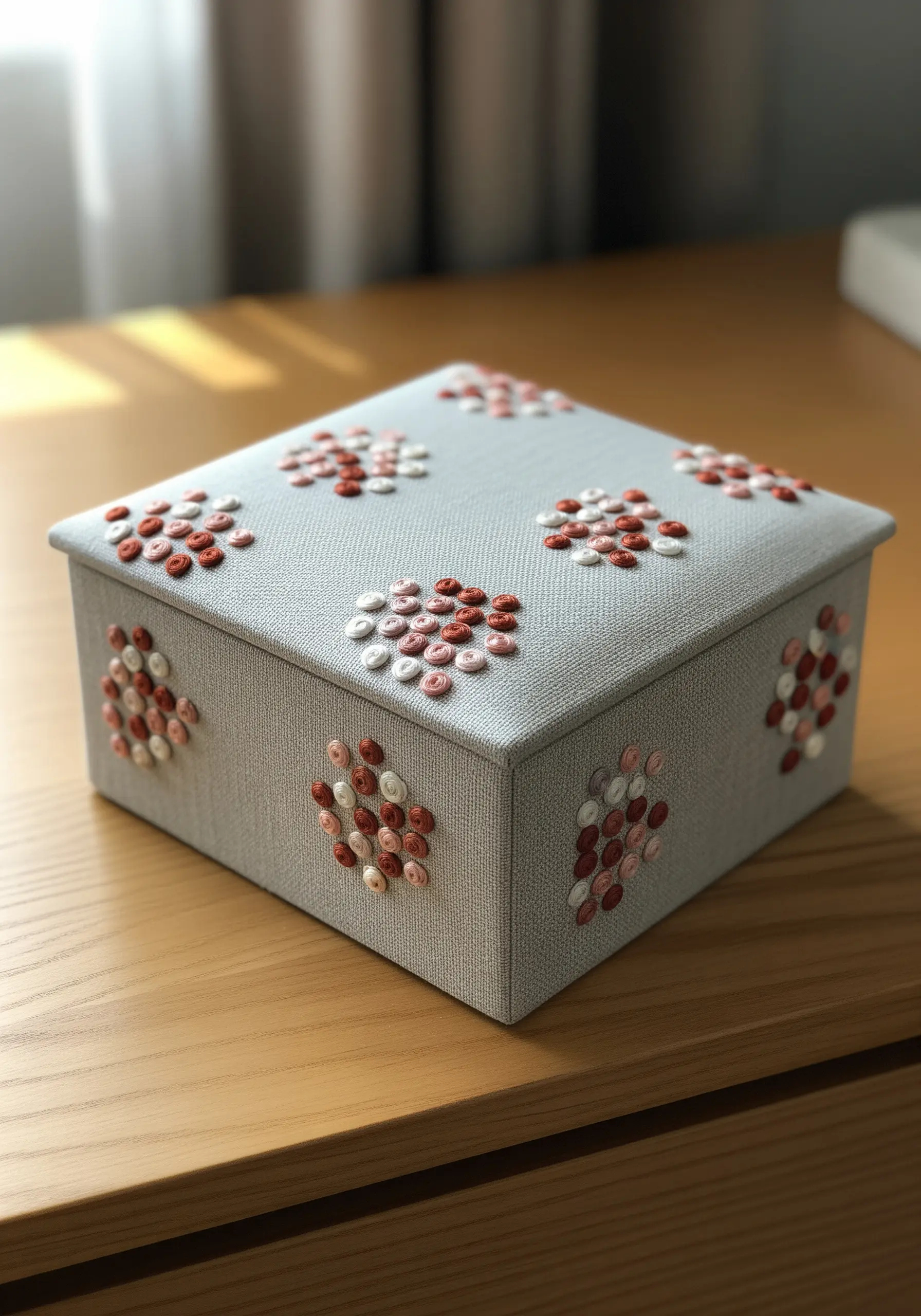 A fabric-covered box embellished with clusters of French knots in warm tones.