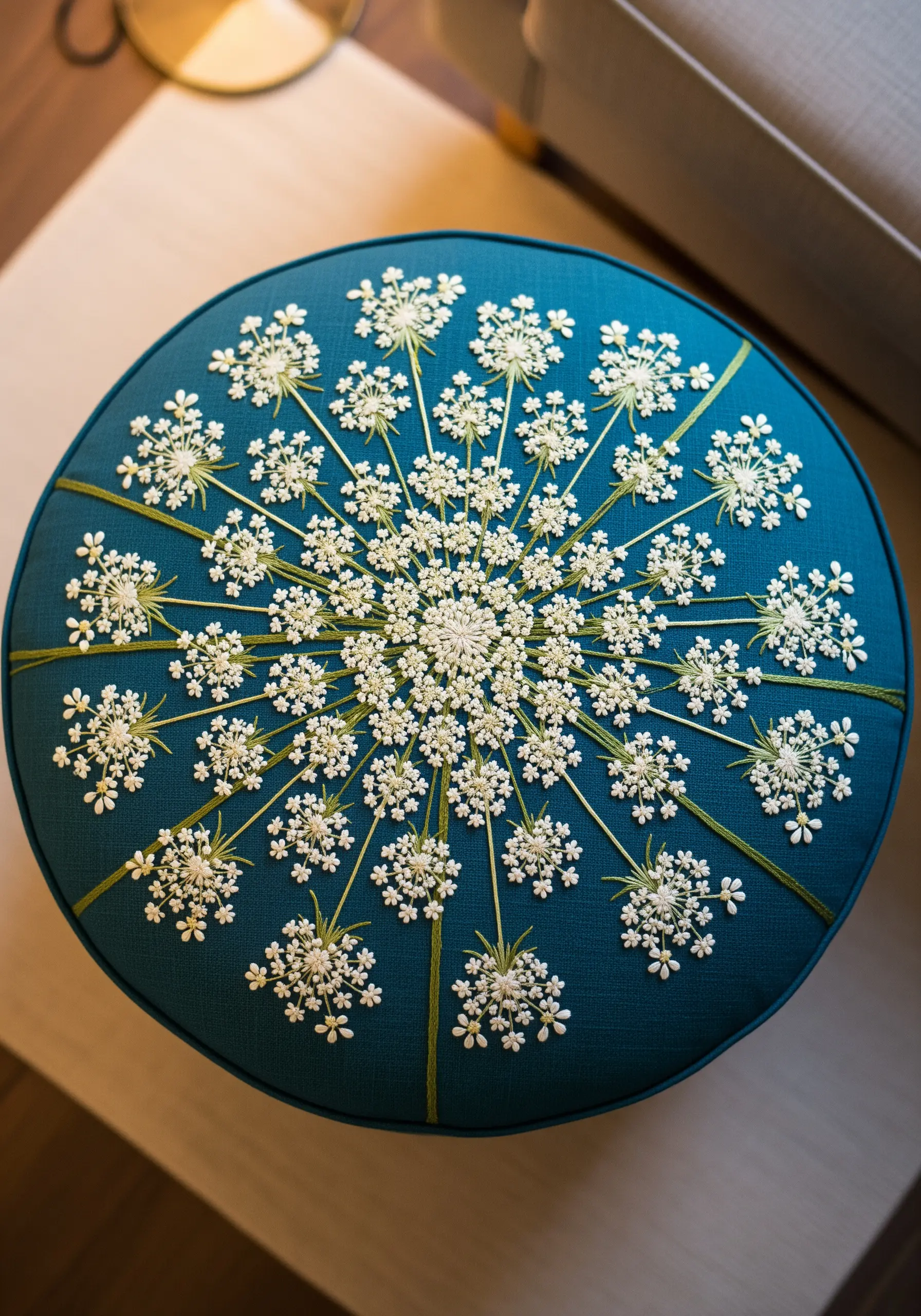 A round, teal upholstered stool embroidered with a large, intricate Queen Anne's Lace design.