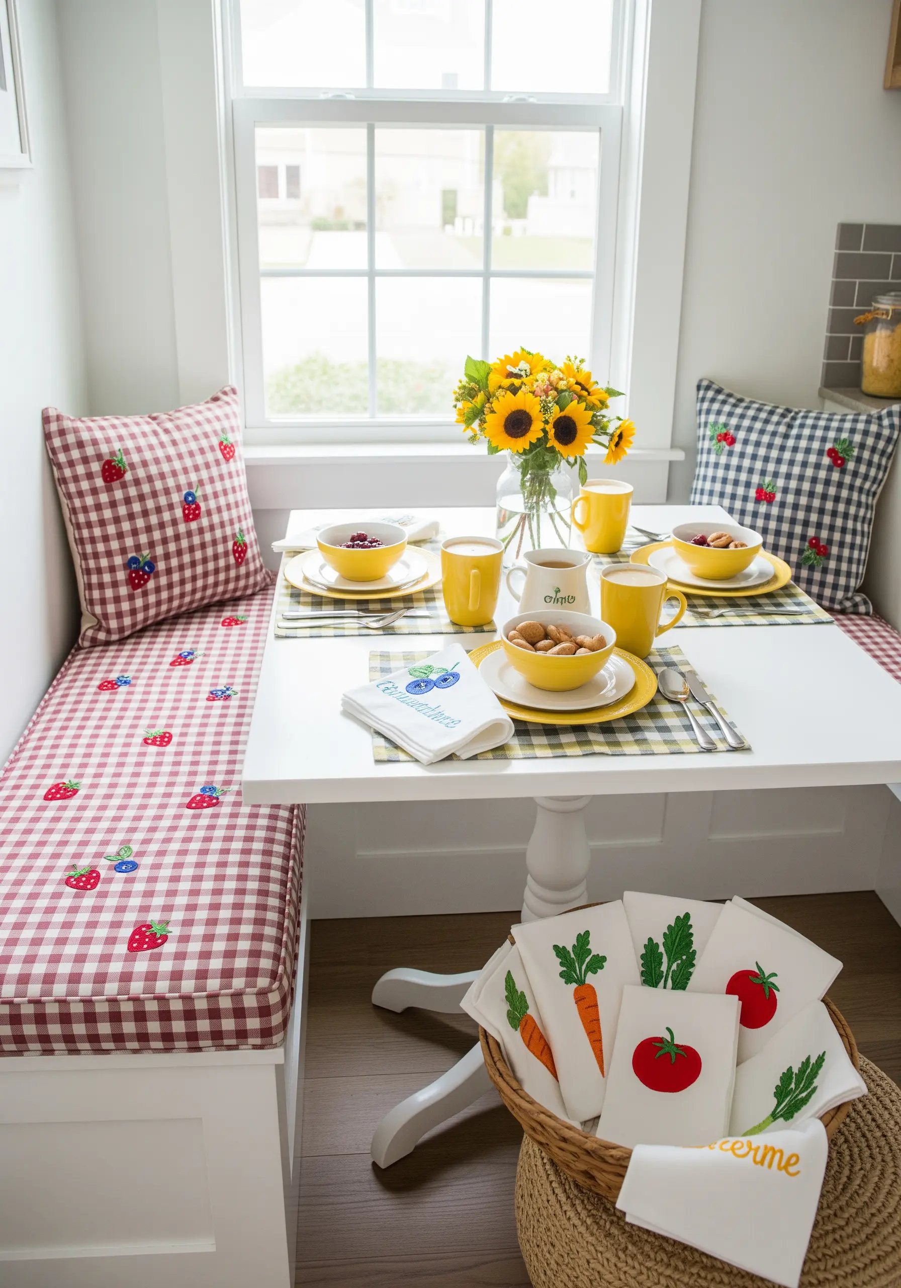 Red and blue gingham cushions embroidered with tiny strawberries and blueberries.