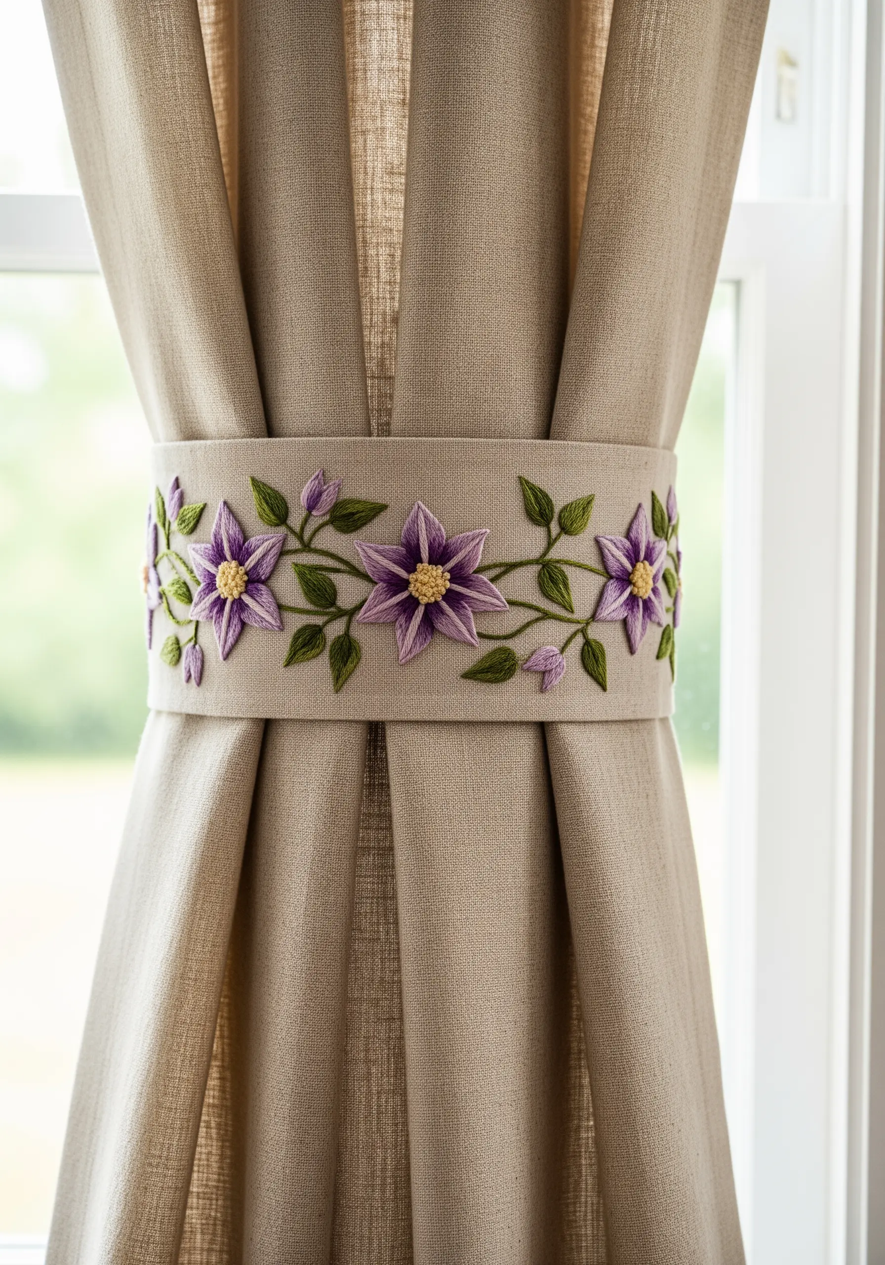 Linen curtain tie-back with a detailed floral embroidery of purple clematis flowers.