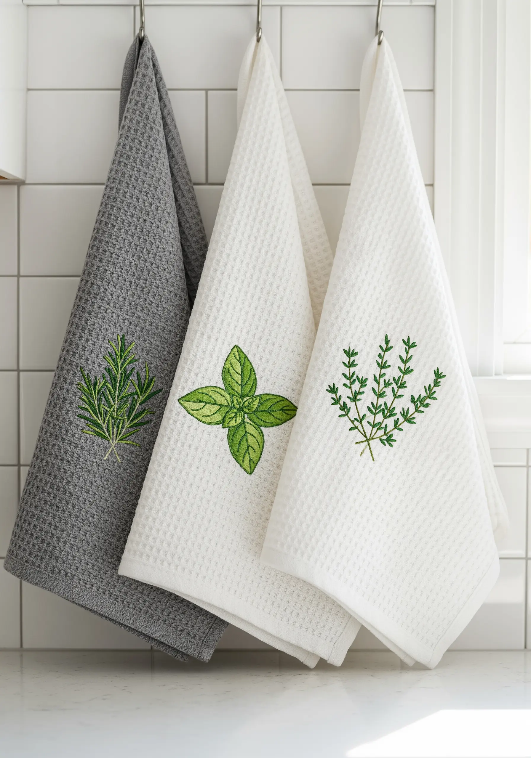 Embroidered herbs—rosemary, basil, and thyme—on a set of waffle-weave kitchen towels.