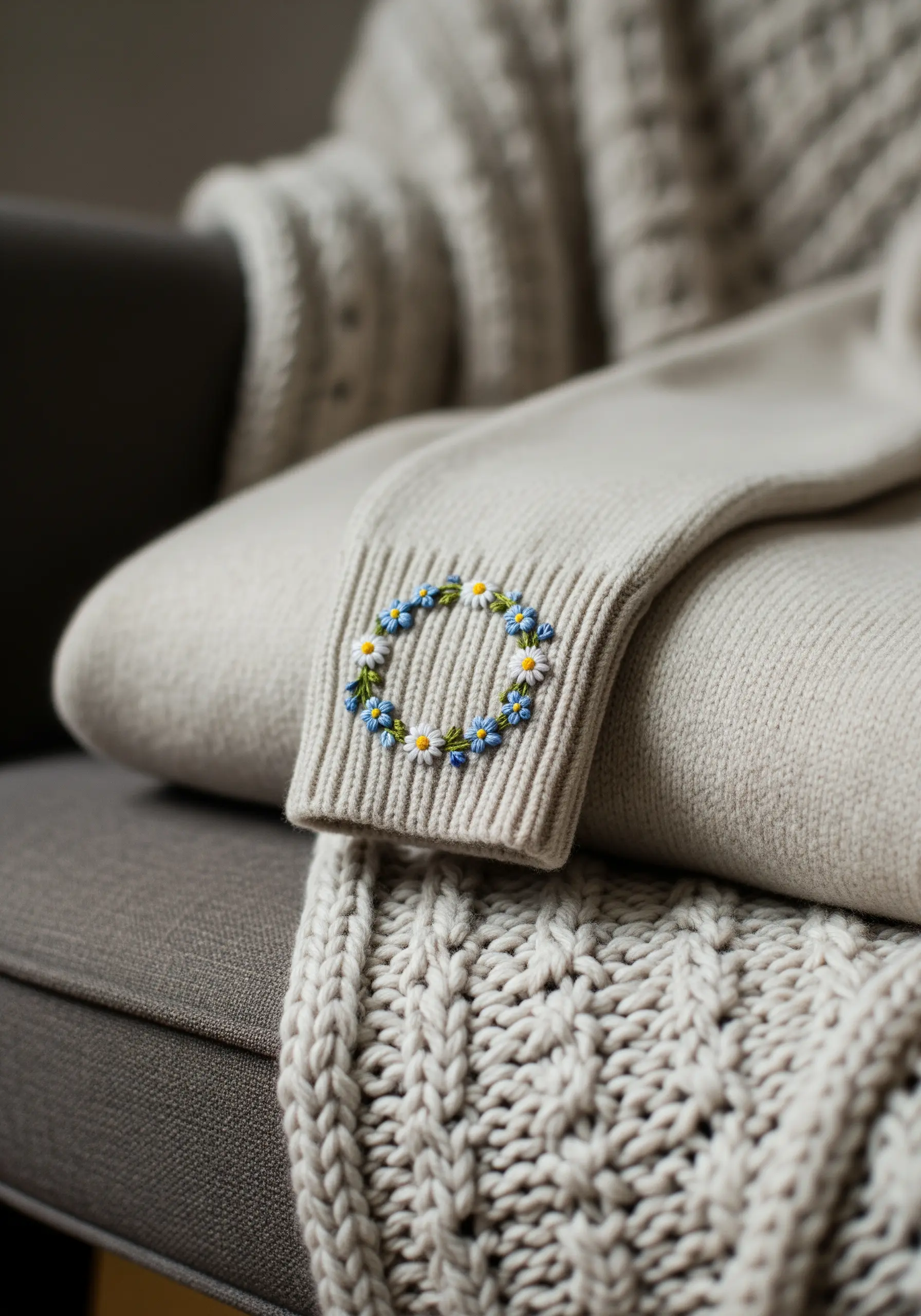 A delicate floral wreath embroidered on the cuff of a cozy beige knit sweater