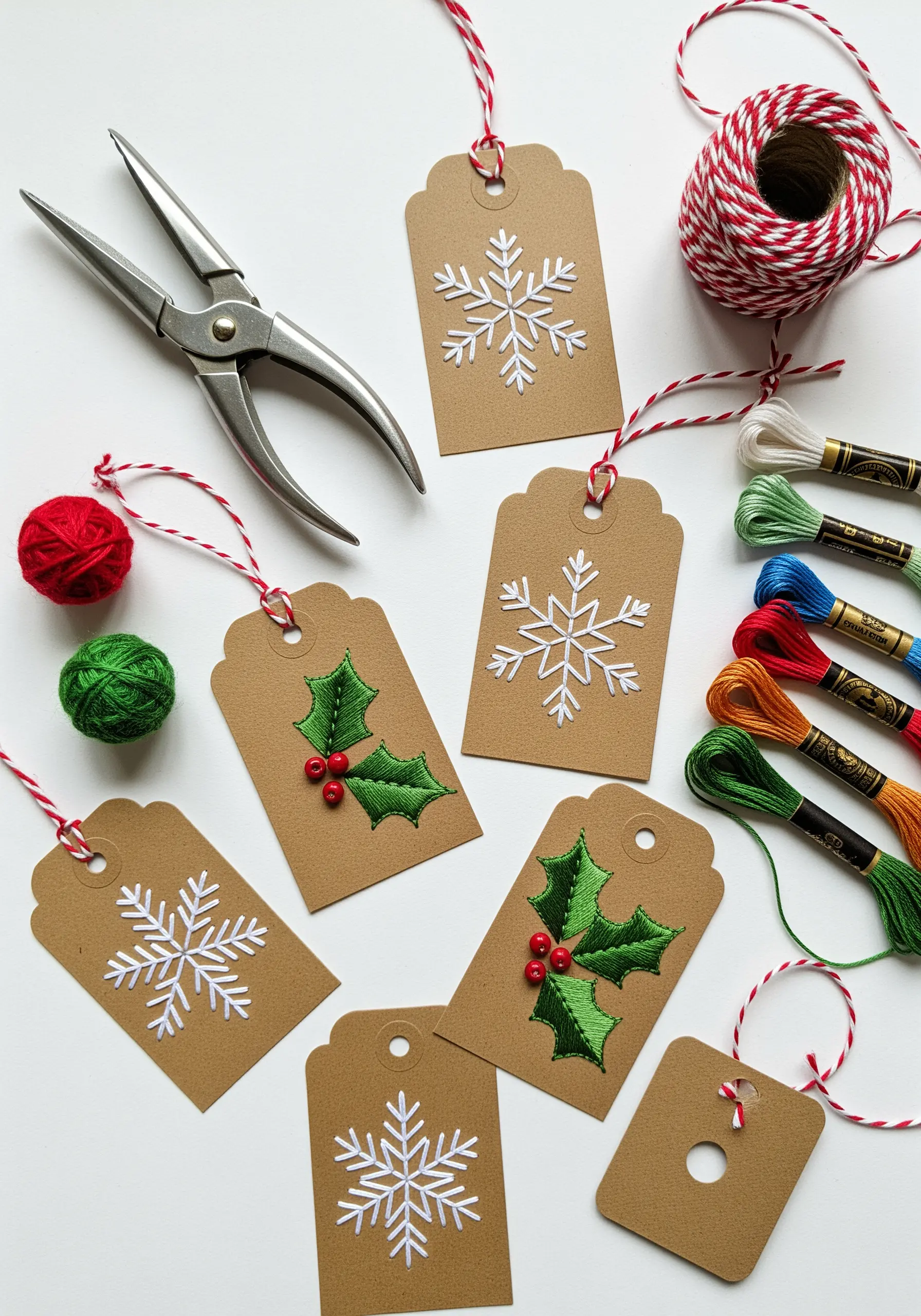 Embroidered holiday gift tags with snowflake and holly motifs on kraft paper.