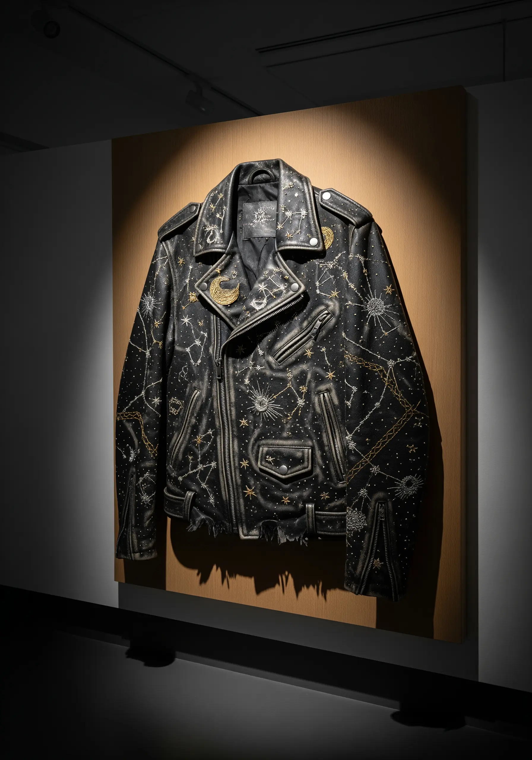 A black leather jacket heavily embellished with hand-embroidered gold and silver celestial patterns.
