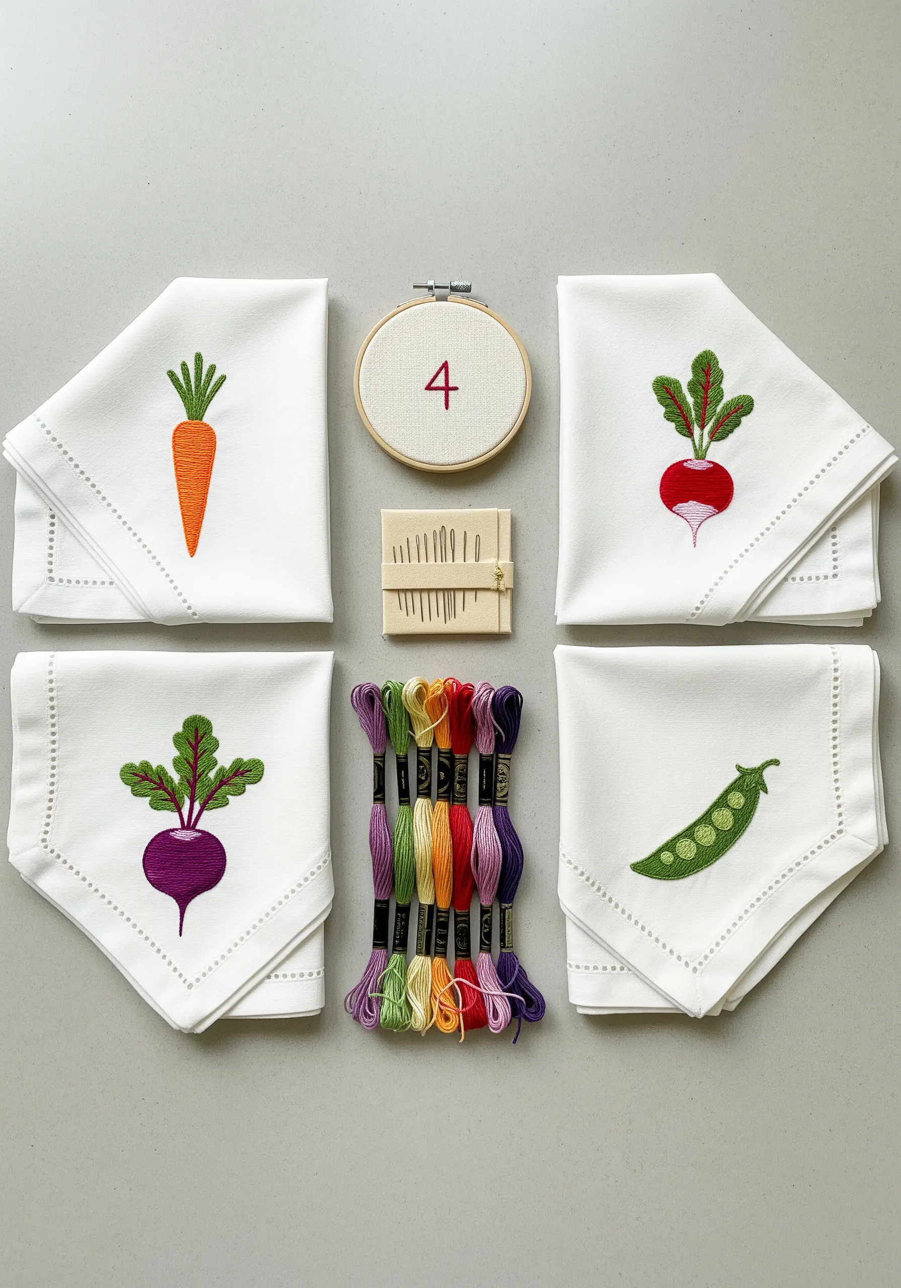 A set of four white napkins, each embroidered with a different colorful vegetable.