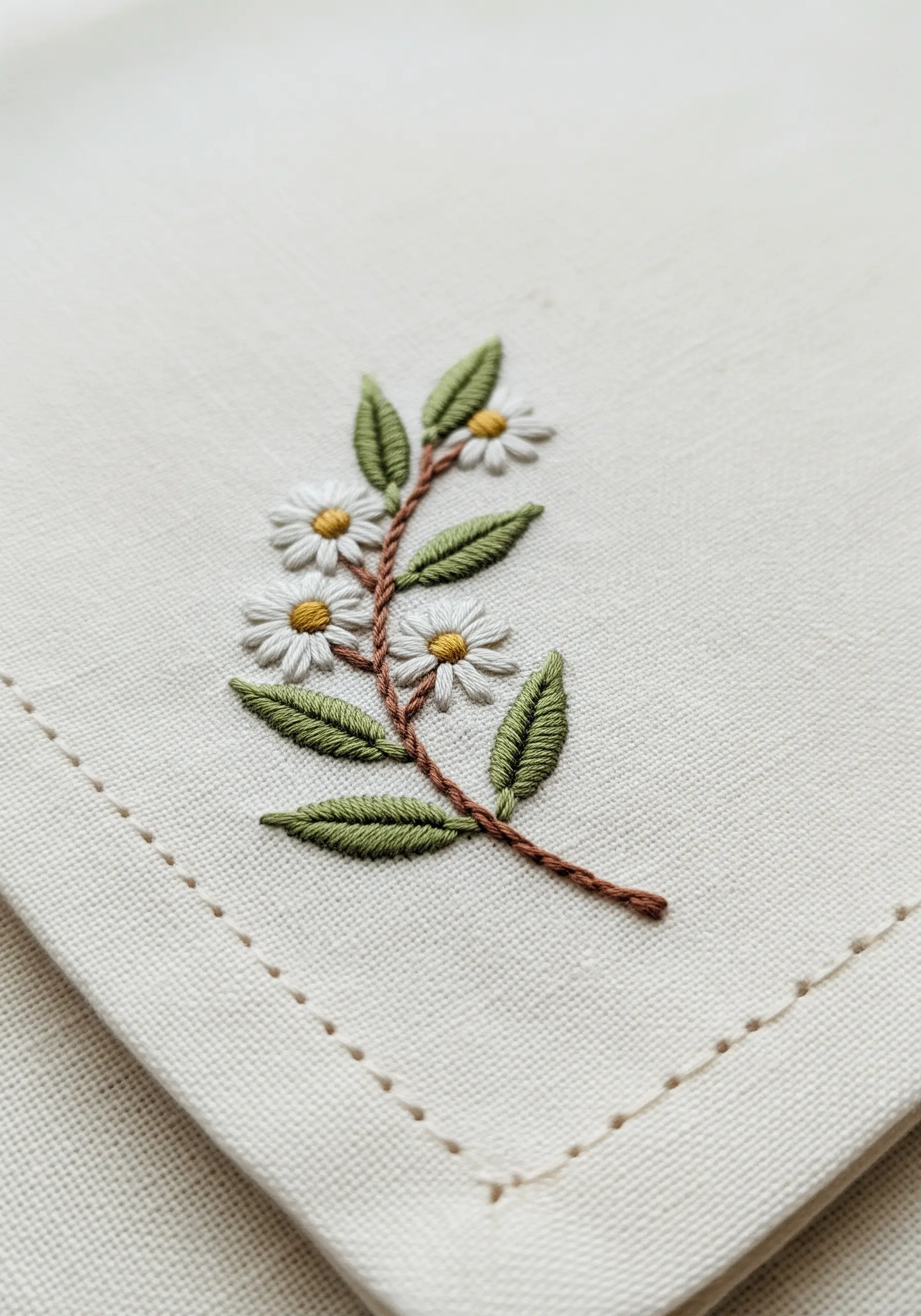 A small sprig of daisies embroidered on the corner of a linen napkin.