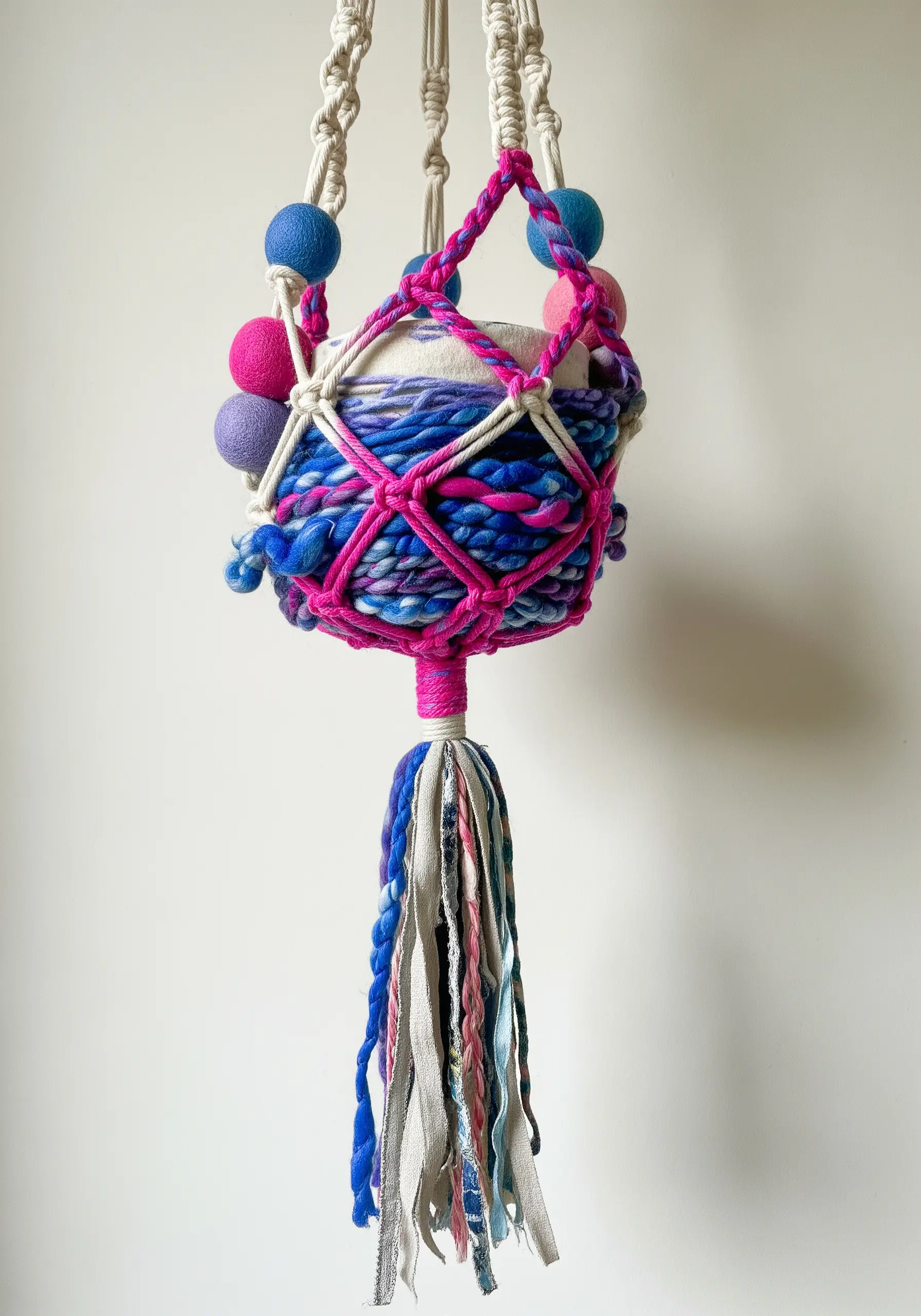 A macrame plant hanger in pink and blue with colorful felt balls and a fabric scrap tassel.