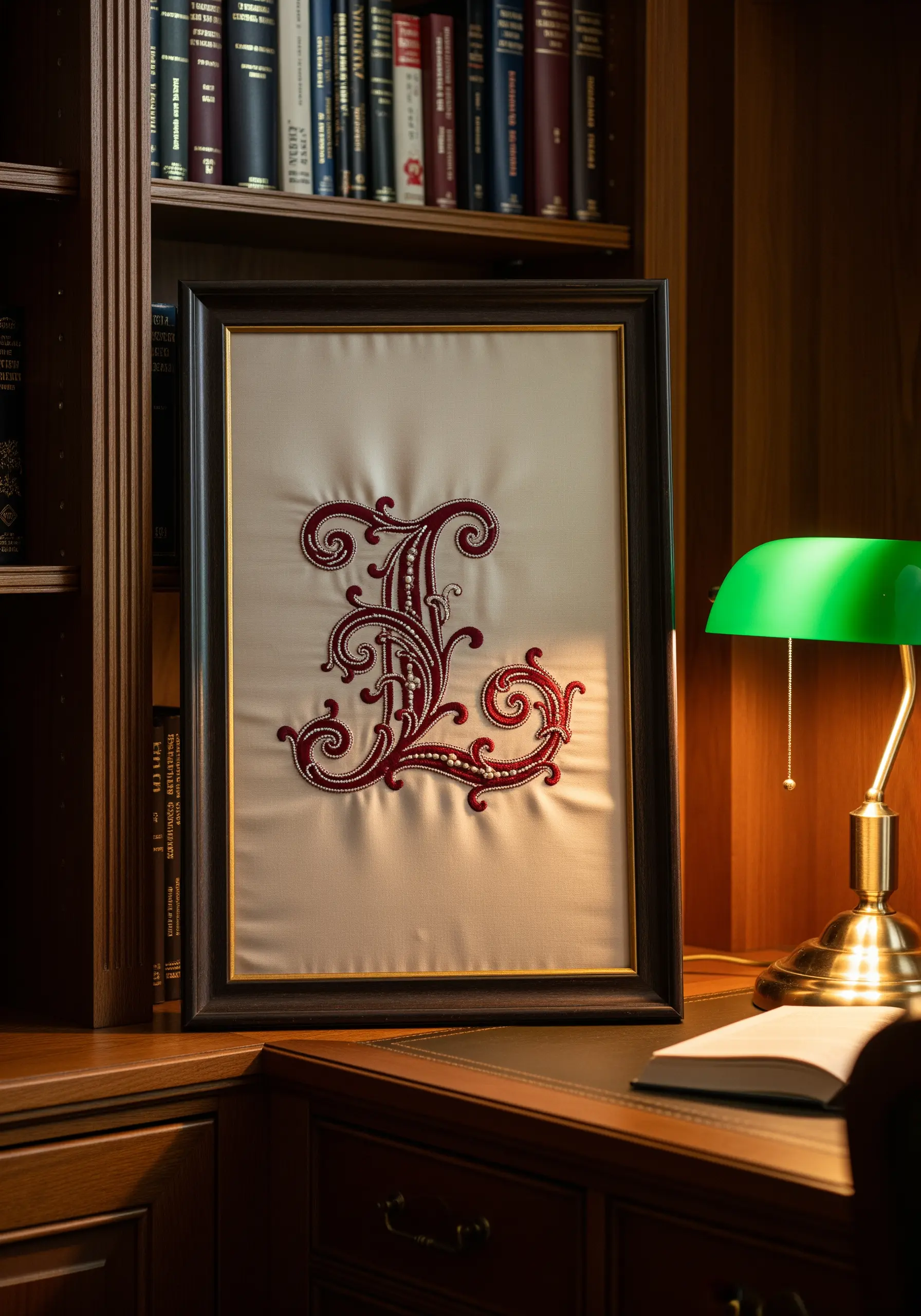 Ornate vintage monogram 'L' embroidered in red with bead and French knot details.