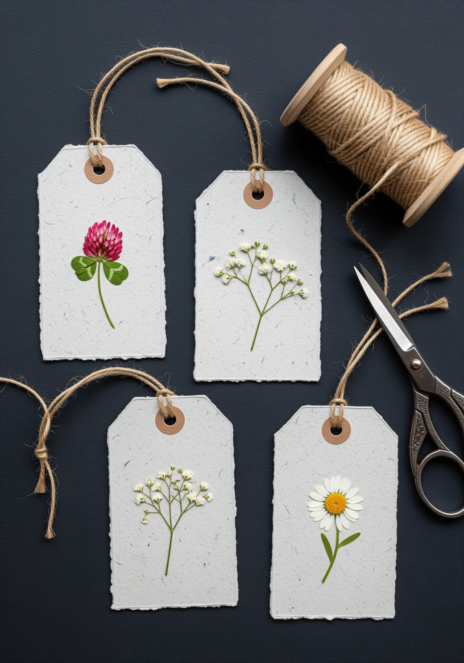 Four handmade paper gift tags, each decorated with a different pressed flower.