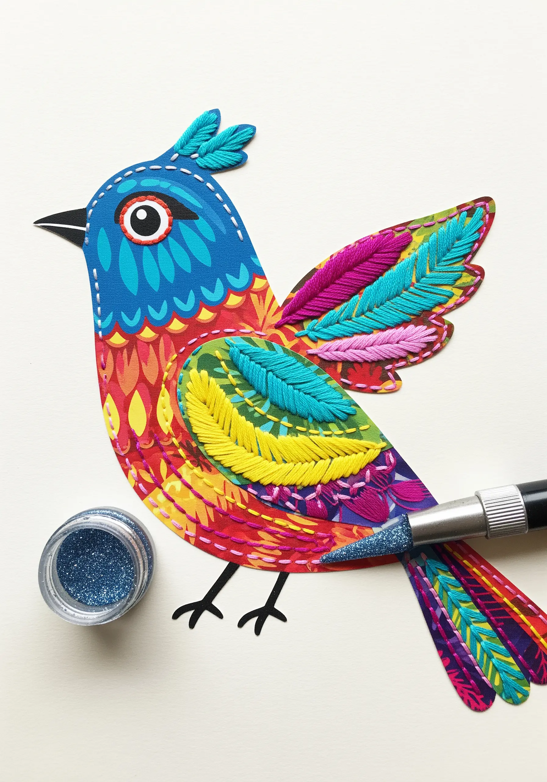 A bird cut from patterned paper with its feathers and details enhanced by colorful embroidery.