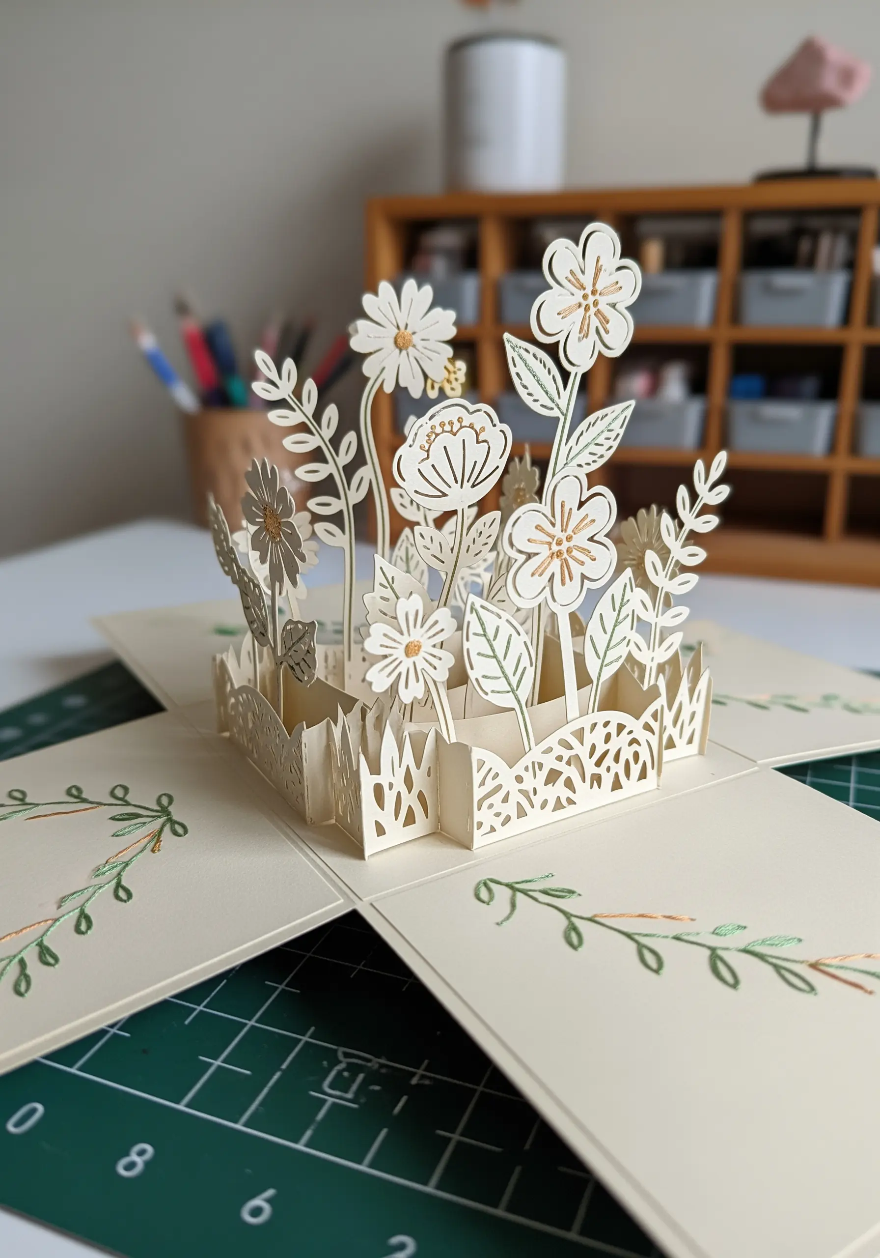 A pop-up card depicting a garden scene, with tiny embroidered details on the flowers and leaves.