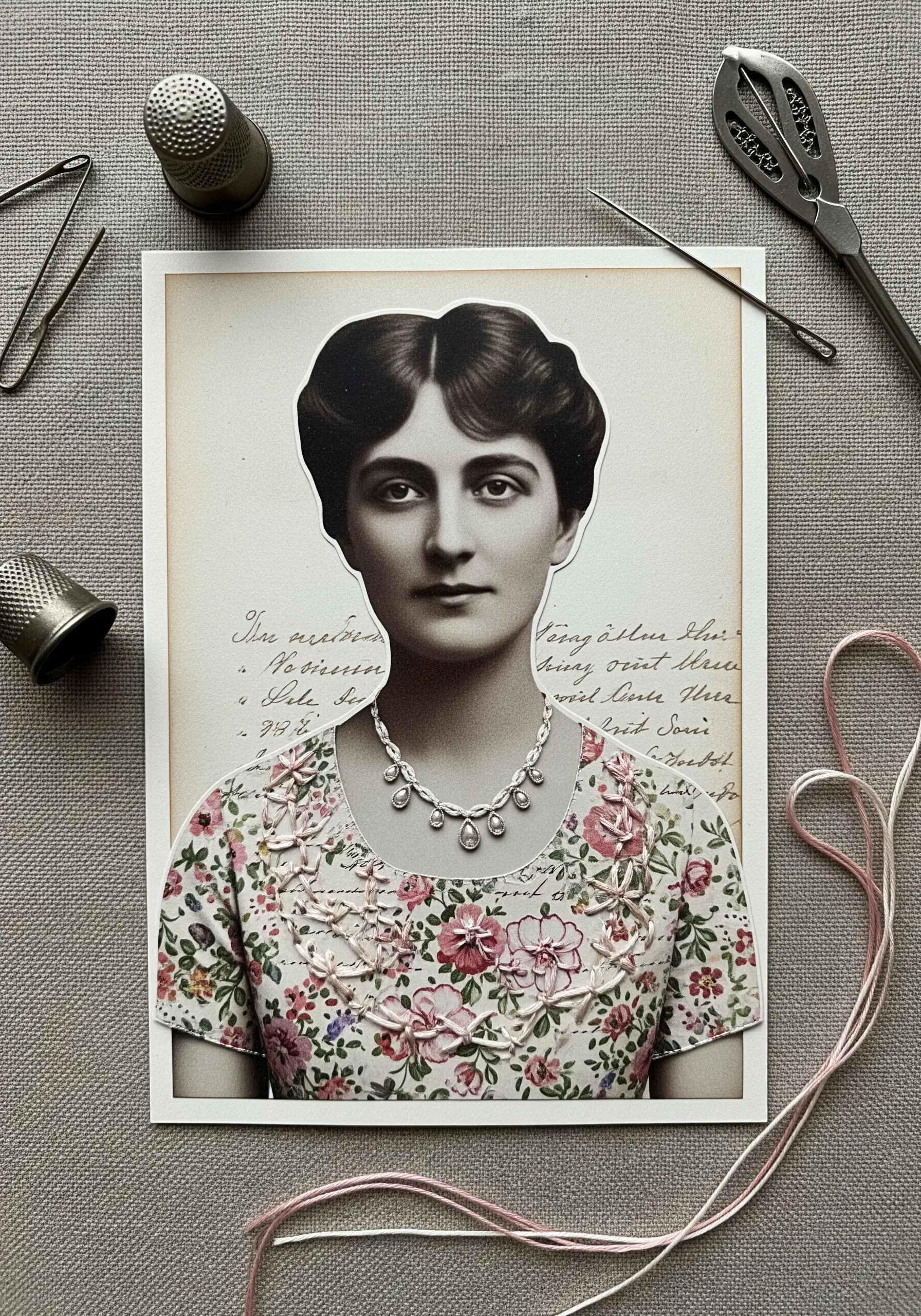 A vintage portrait collage where the floral dress is embellished with pink and white embroidery knots.