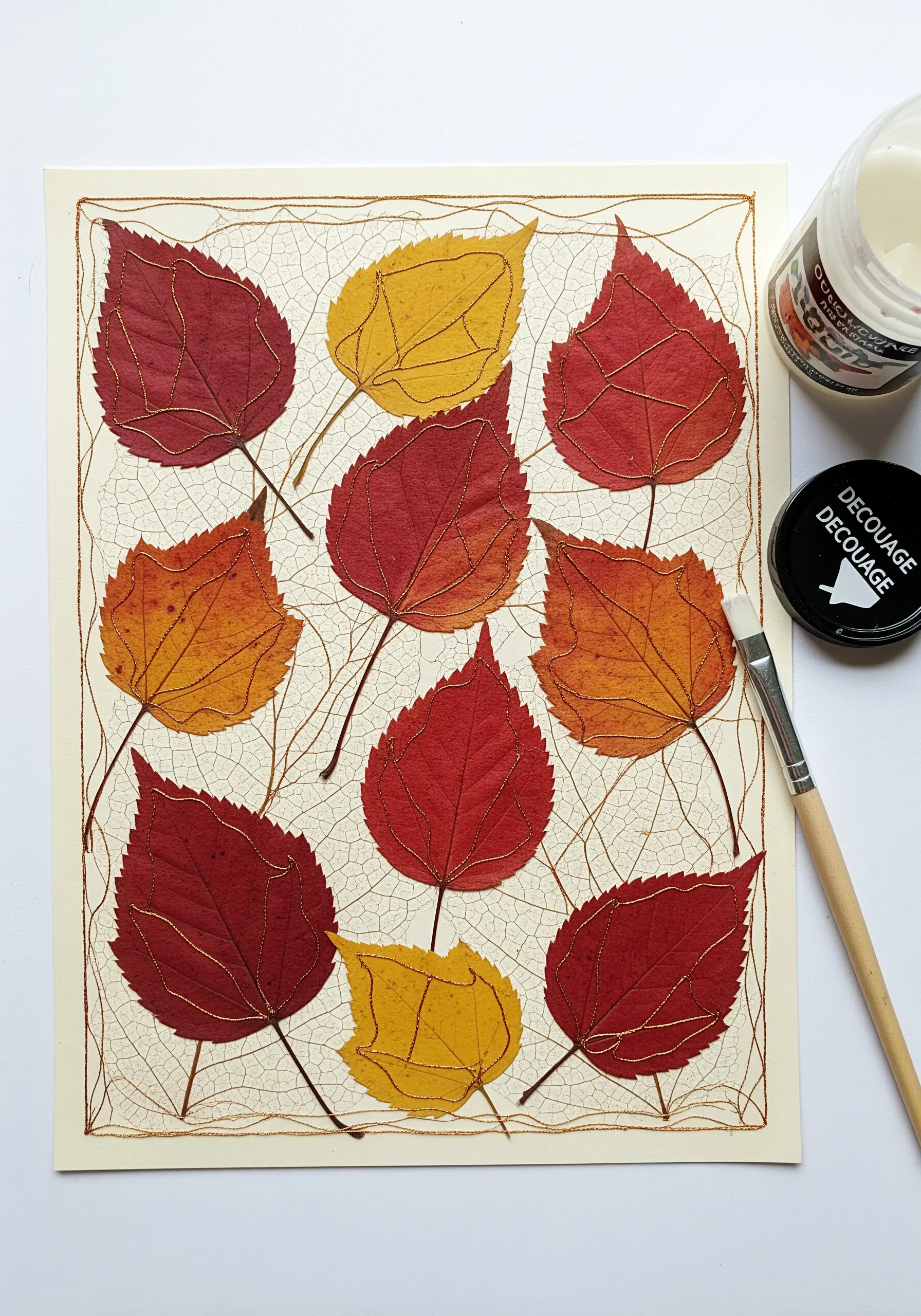 Pressed autumn leaves decoupaged onto paper with their veins traced in gold thread.