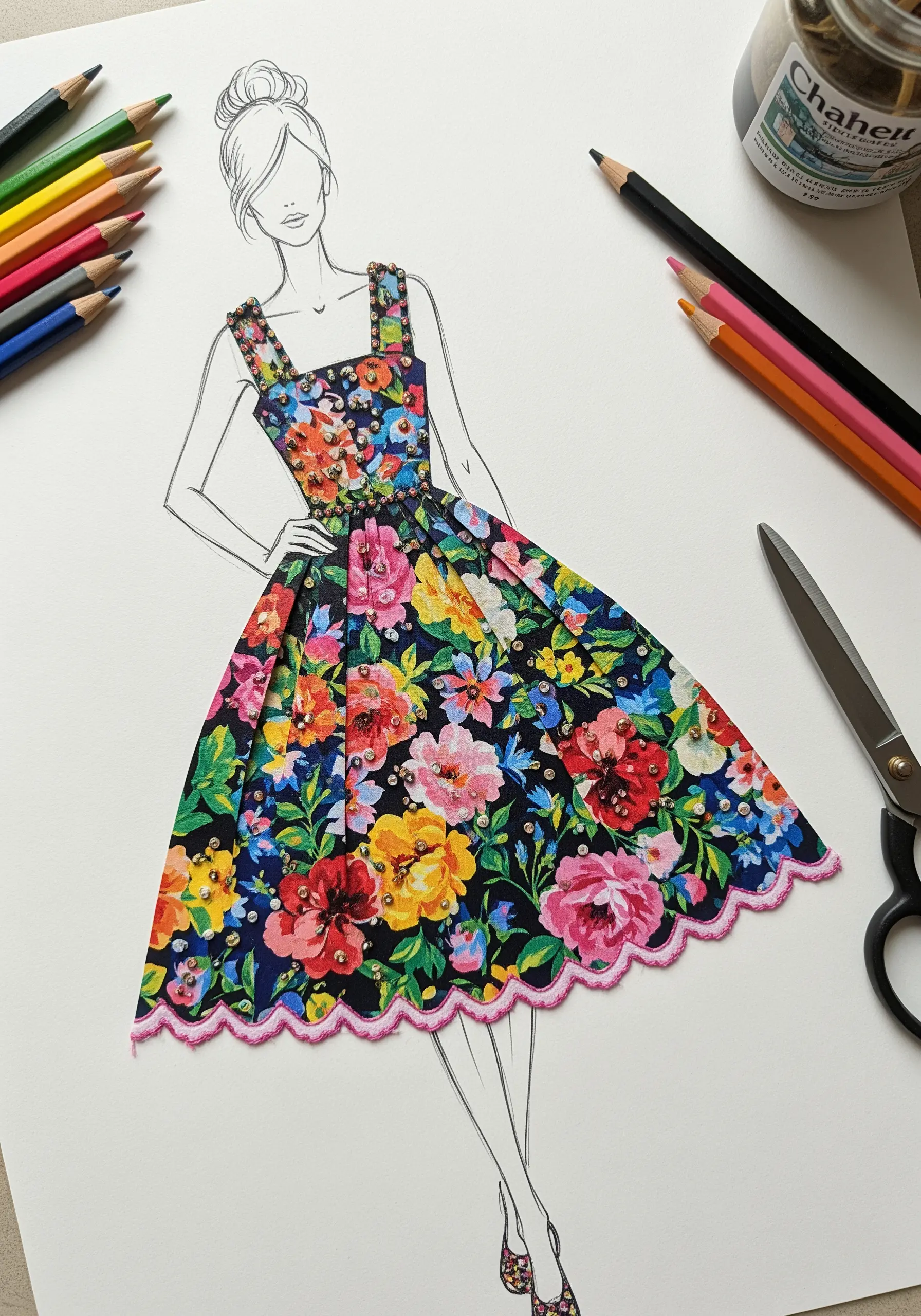 A fashion illustration collage where the floral dress is embellished with tiny beads and French knots.