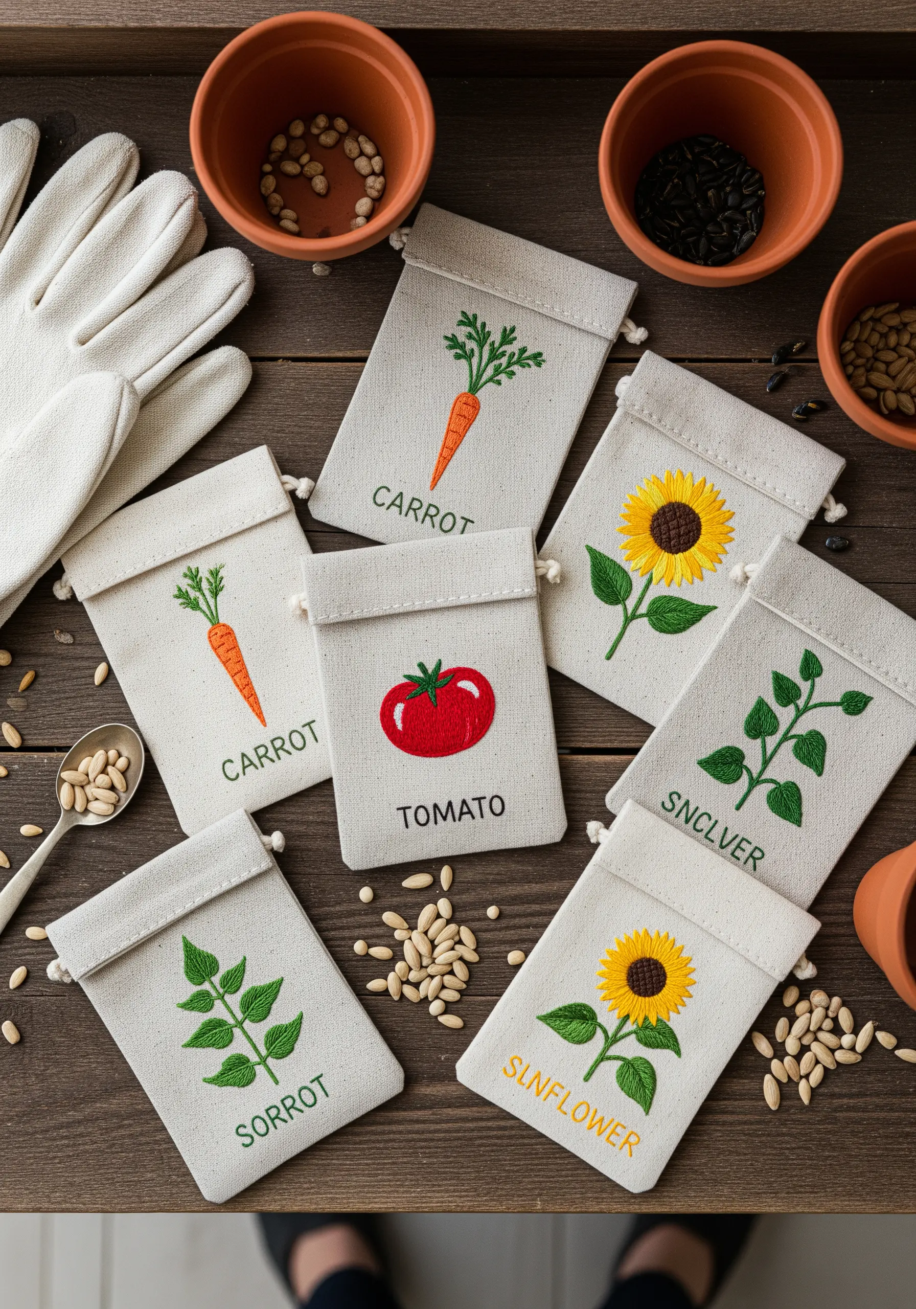 Small linen drawstring bags embroidered with vegetable and flower motifs for holding seeds.