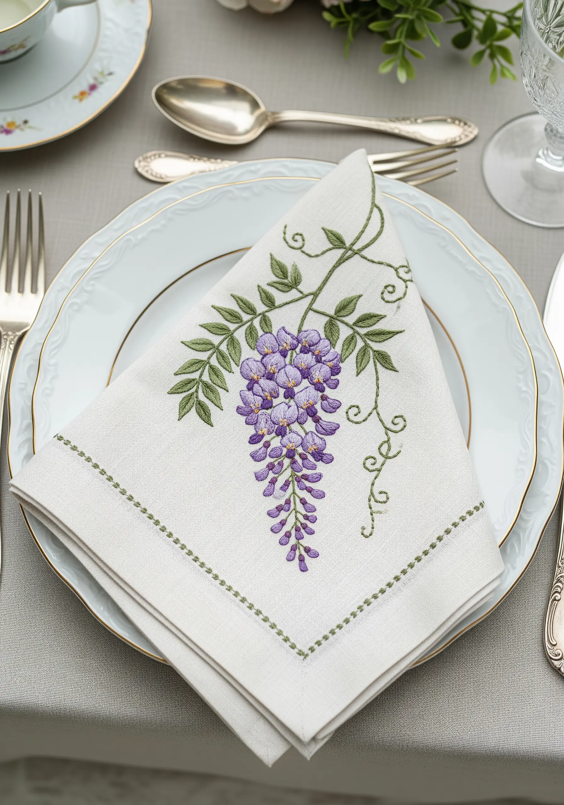 A white linen napkin embroidered with a cascading bunch of purple wisteria flowers.