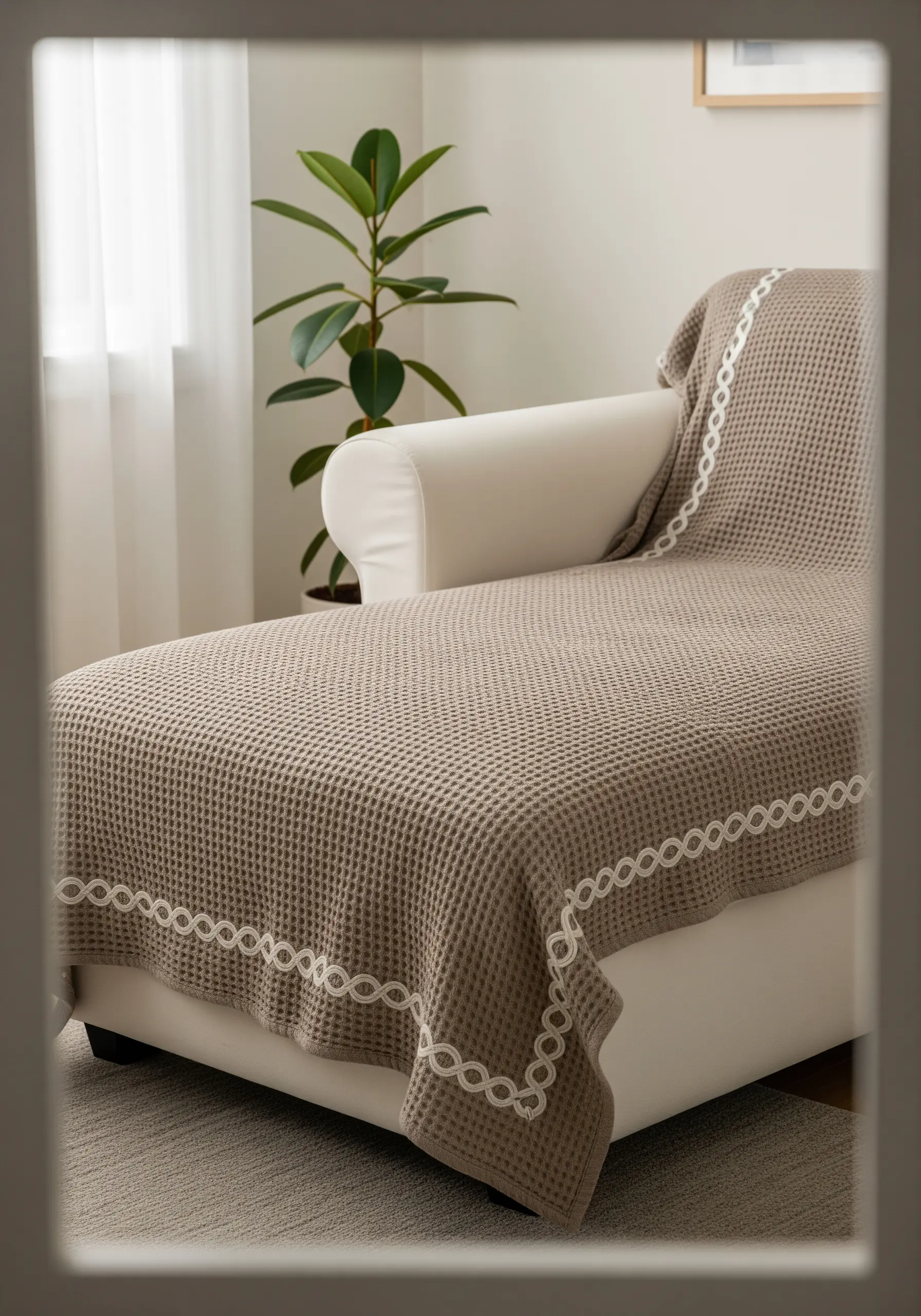 A white chain stitch border embroidered along the edge of a taupe waffle-weave blanket.