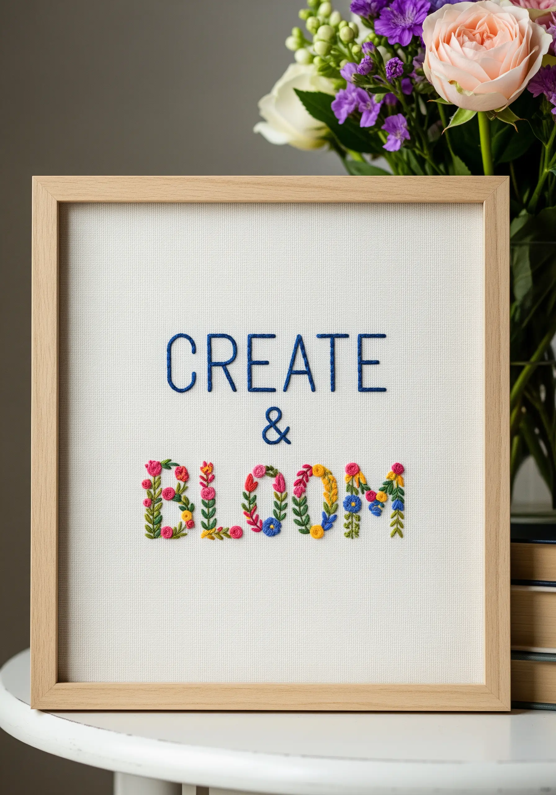 Embroidered text where the word 'BLOOM' is filled with tiny, colorful floral stitches.