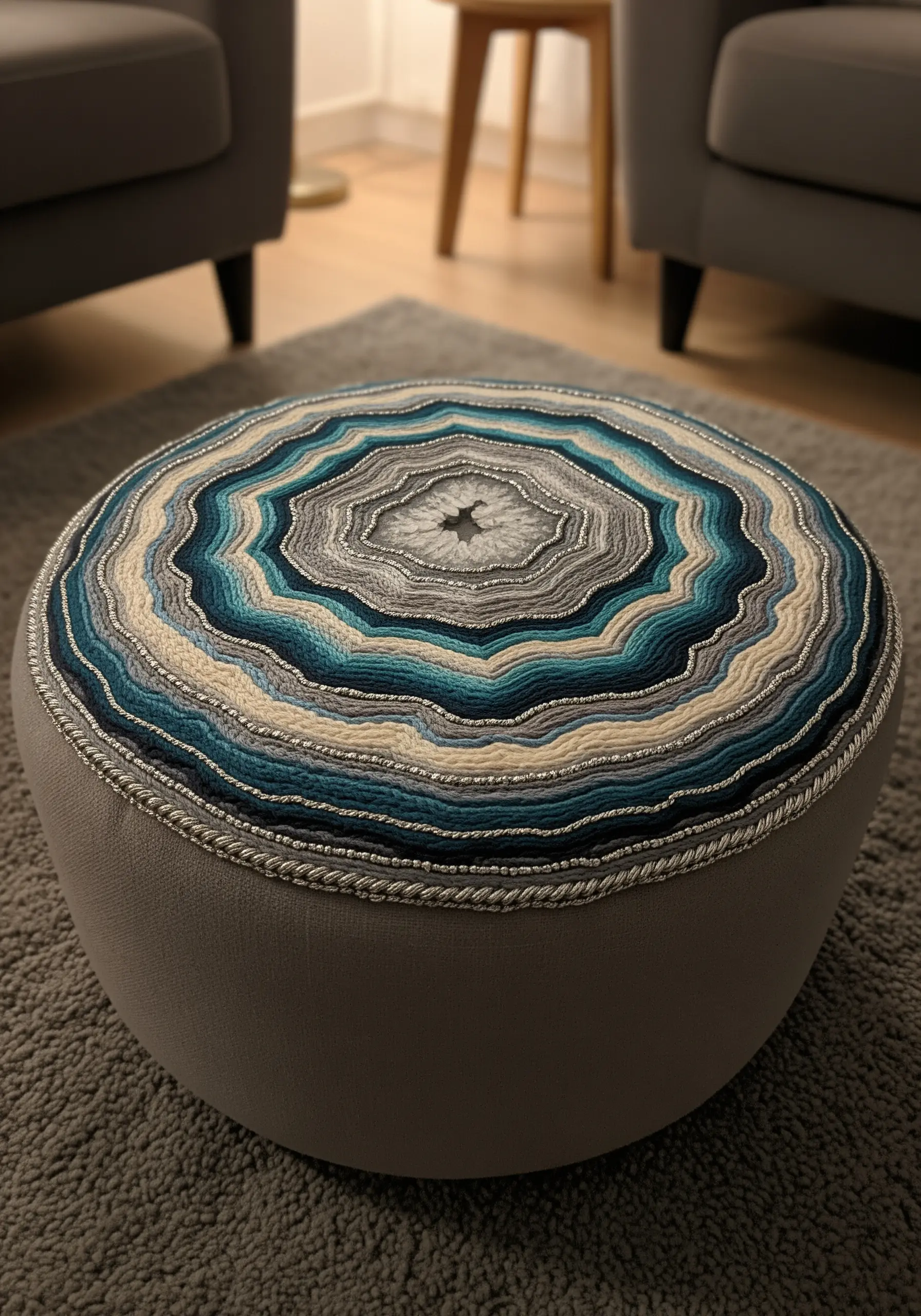 A round ottoman with its top completely covered in concentric rings of embroidery and beads.