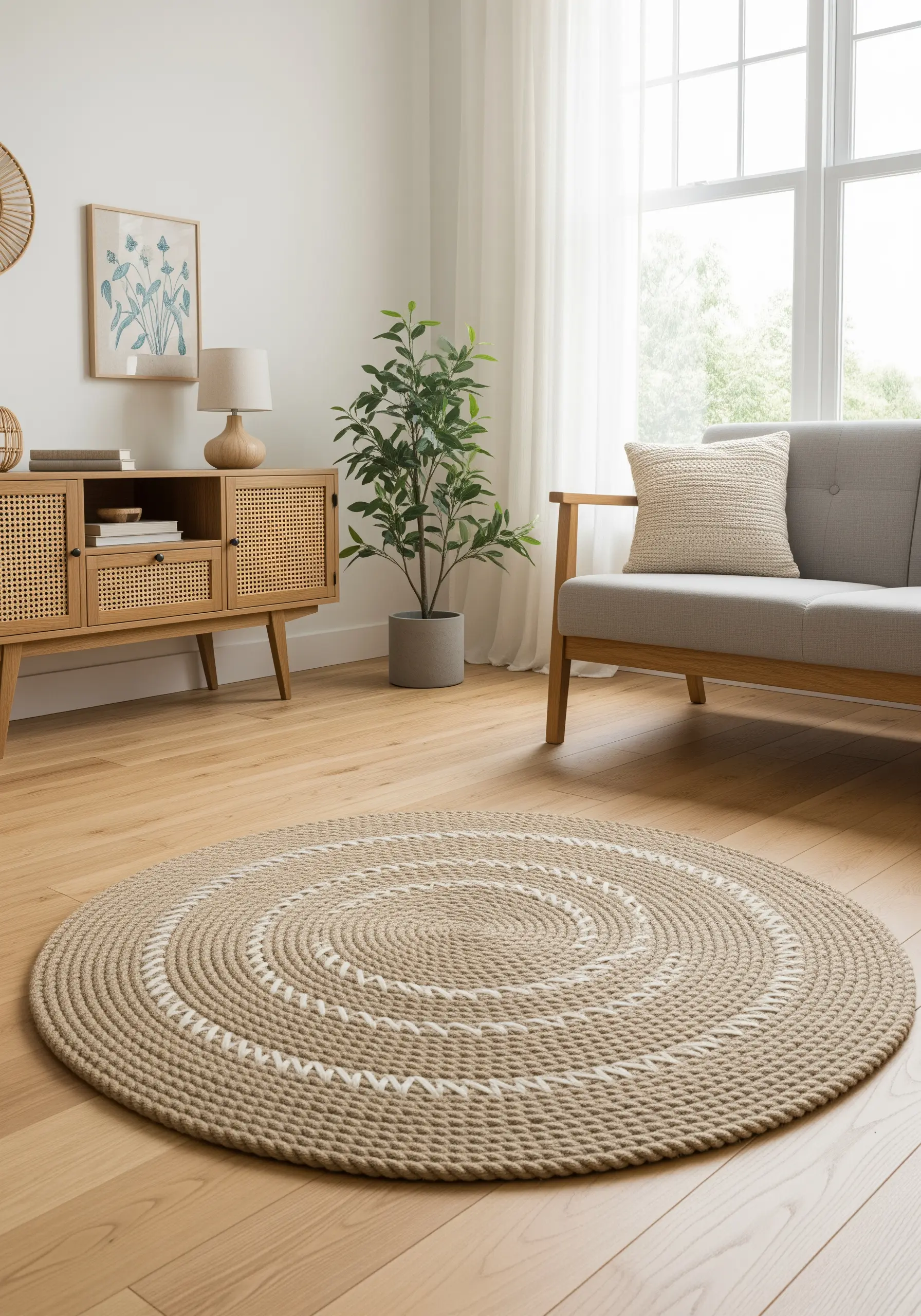 A coiled rope rug with decorative white stitches spiraling outwards.
