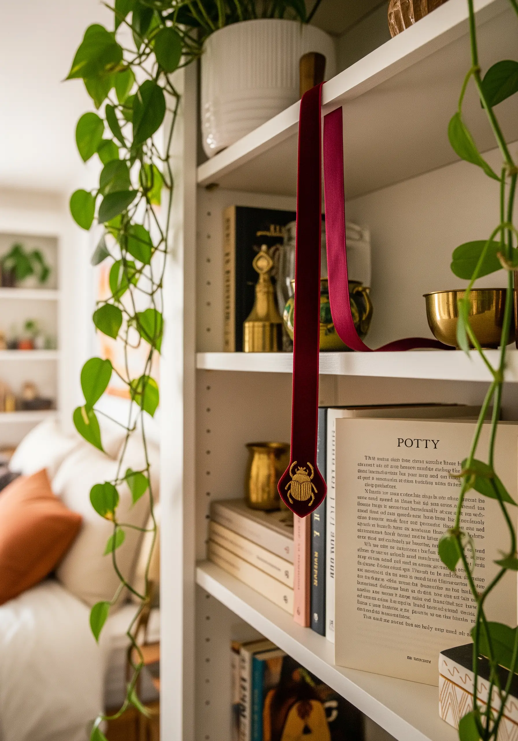 A gold-thread scarab beetle embroidered at the end of a deep red velvet bookmark.
