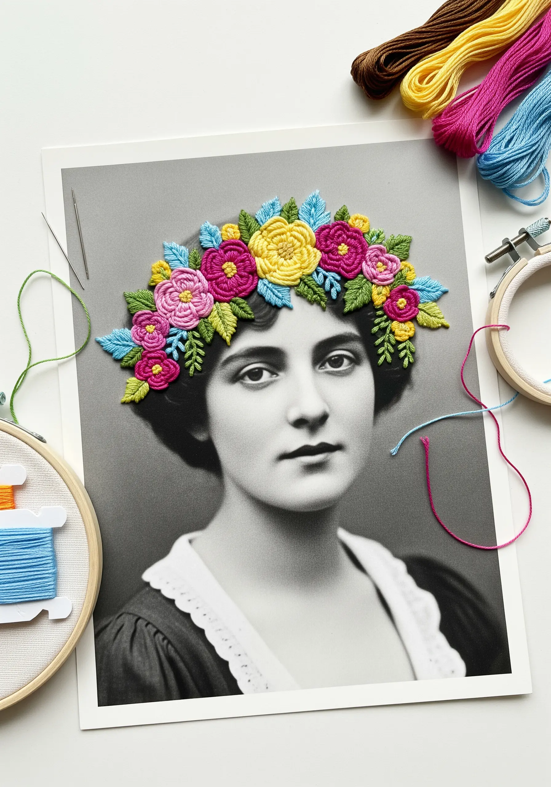 Colorful embroidered floral crown with woven wheel roses on a vintage black-and-white portrait.