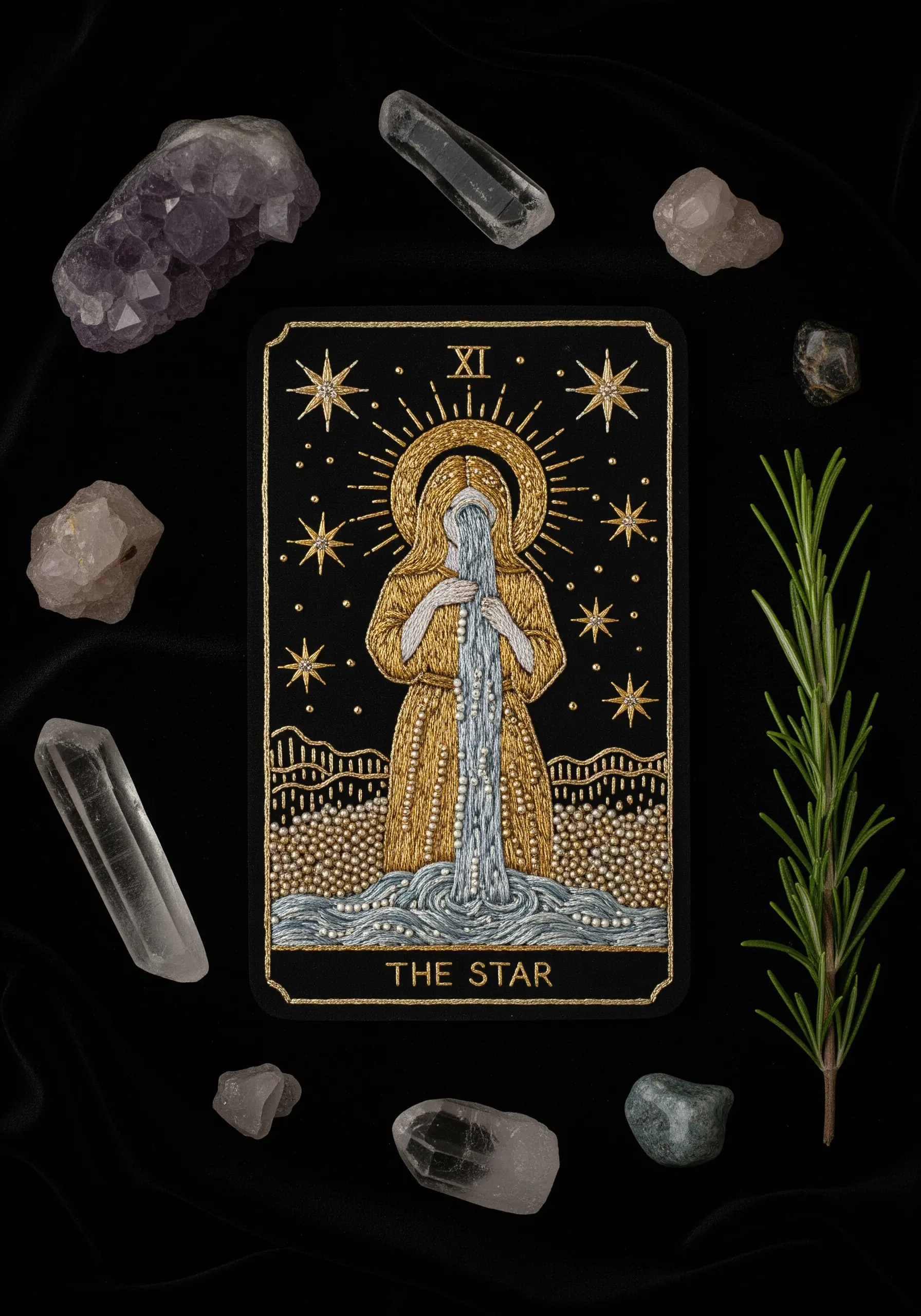 An embroidered and beaded tarot card, 'The Star,' on black fabric surrounded by crystals