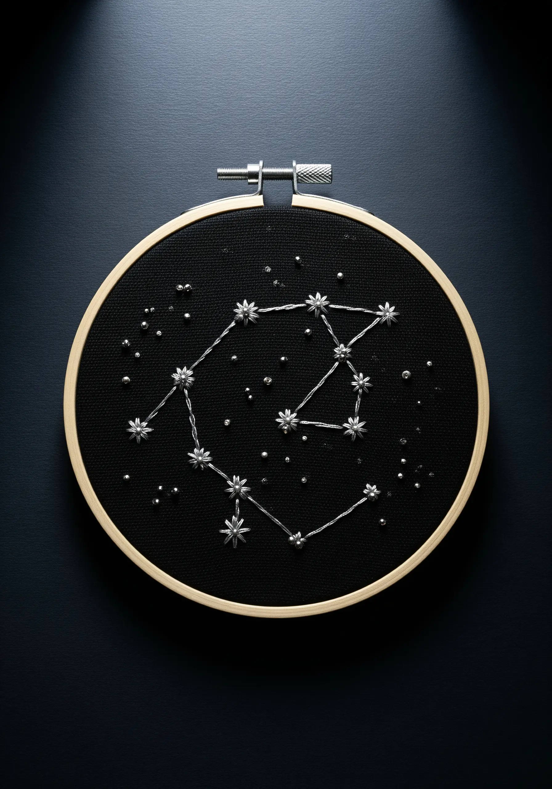 A star constellation embroidered with silver thread and beads on black fabric.