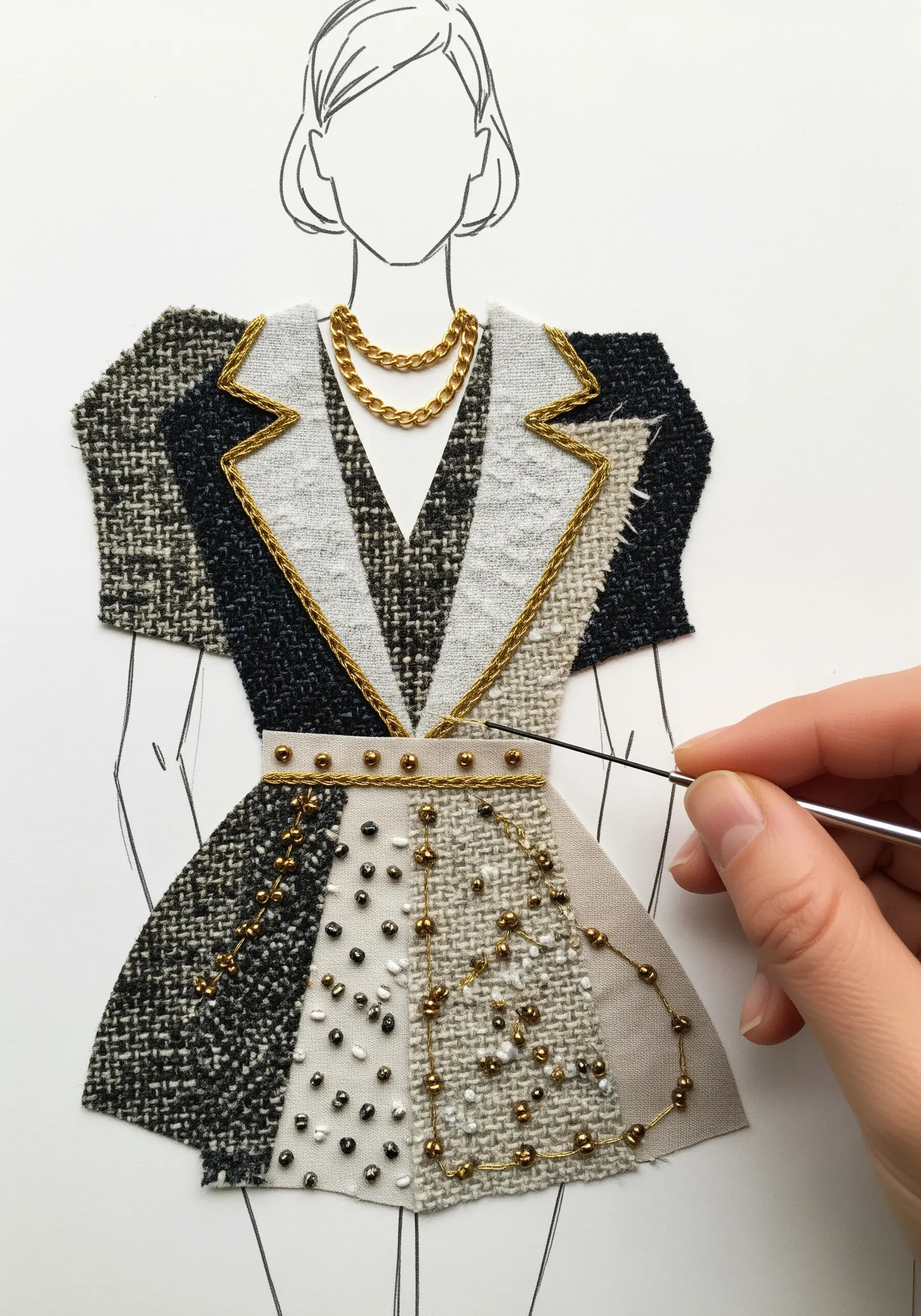 A fashion illustration collage with fabric pieces embellished with couched gold cord and seed beads.