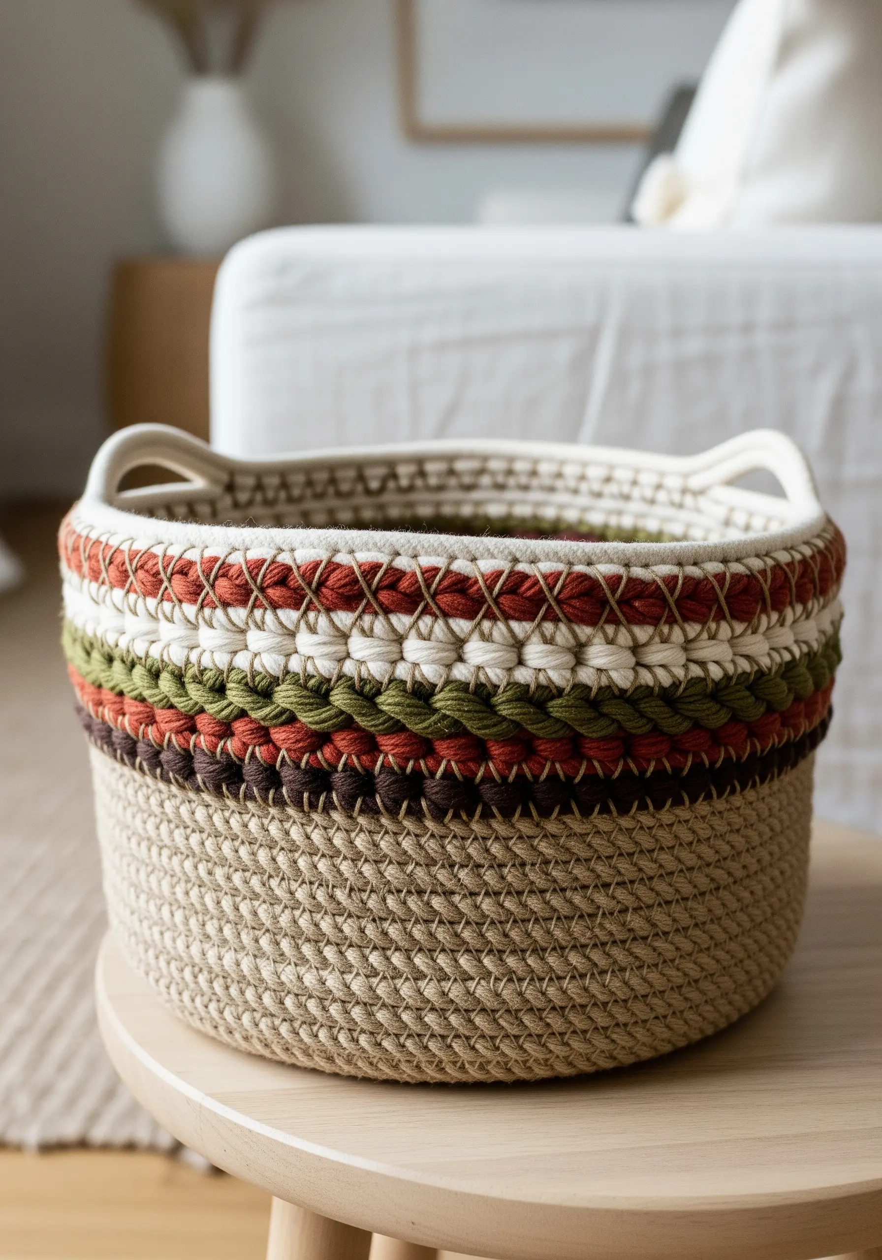 A woven rope basket with colorful bands of red, green, and brown thread stitched around the rim.