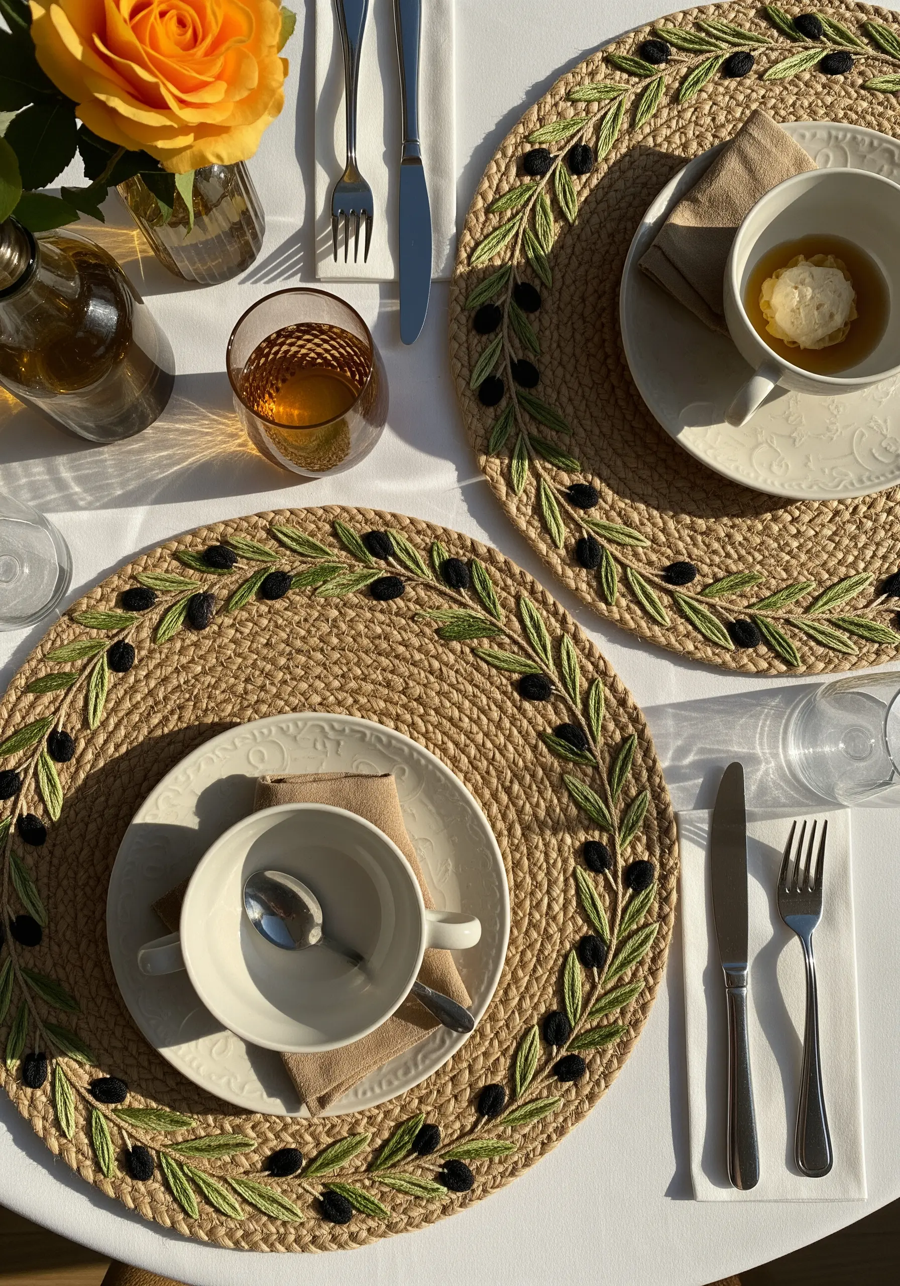 Round woven placemats with a border of embroidered olive branches with green leaves and black olives.